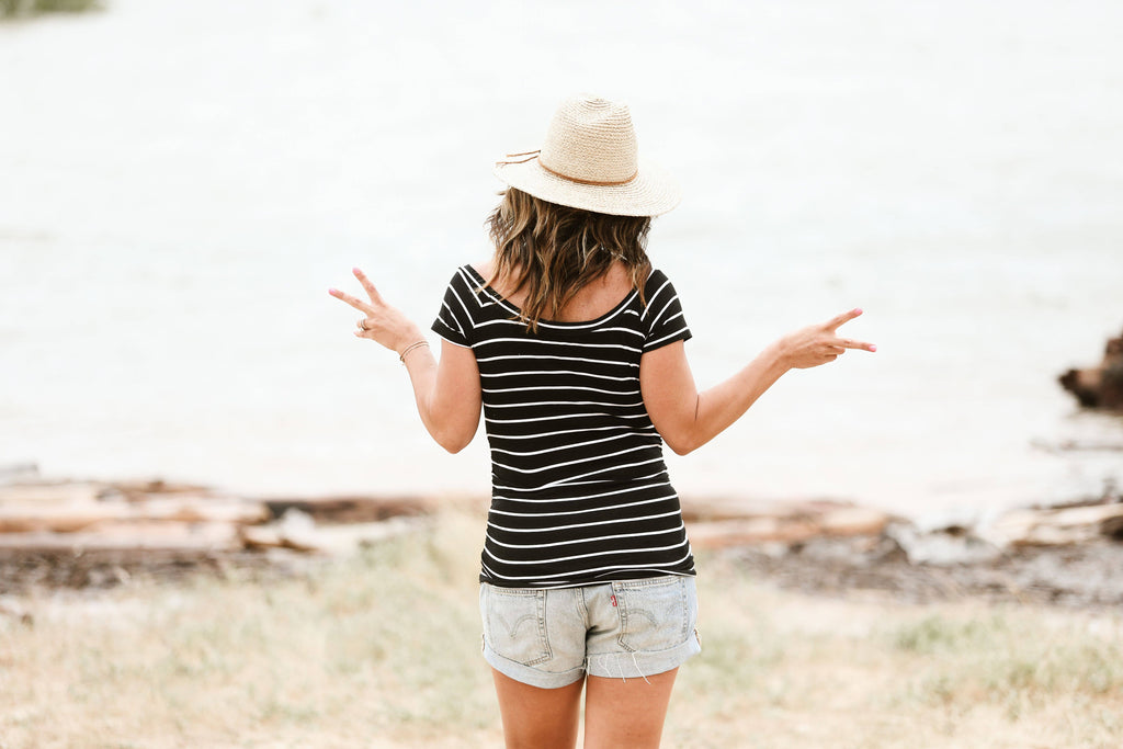 Short Sleeve Black Striped Bardot Maternity Shirt