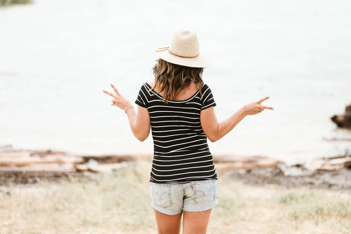 Short Sleeve Black Striped Bardot Maternity Shirt