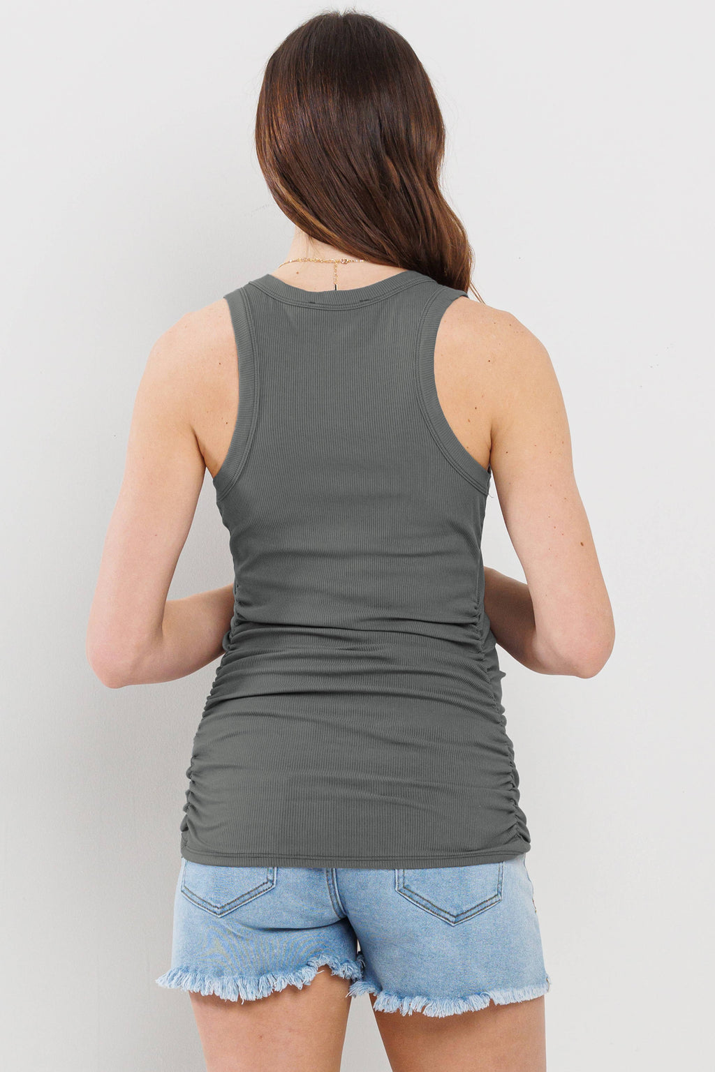Ruched V-Neck Maternity Ribbed Tank Top in Olive