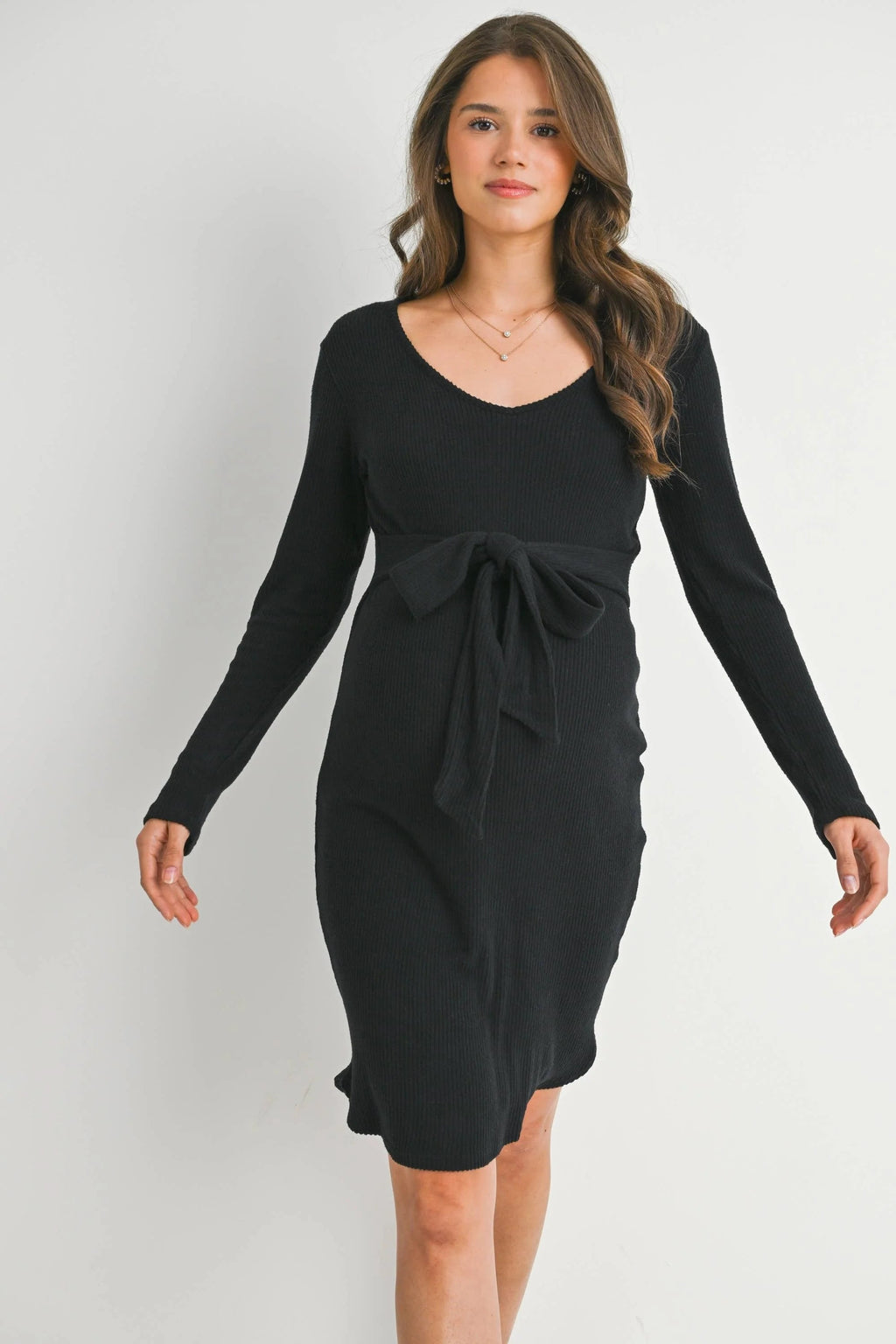 Ribbed Long Sleeve Tie Waist Maternity Knit Dress