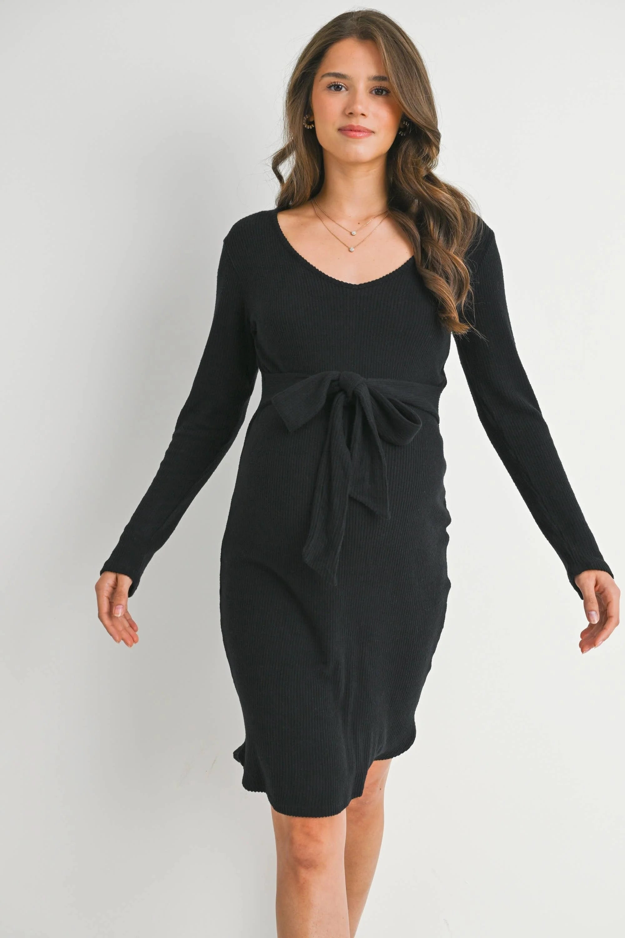 Ribbed Long Sleeve Tie Waist Maternity Knit Dress