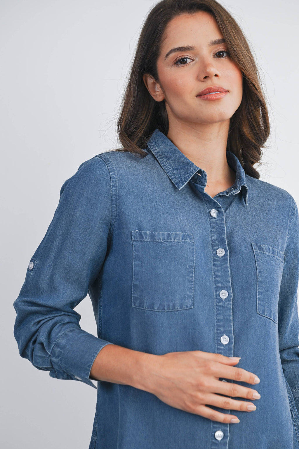 Button Down Long Sleeve Chambray Maternity Top
