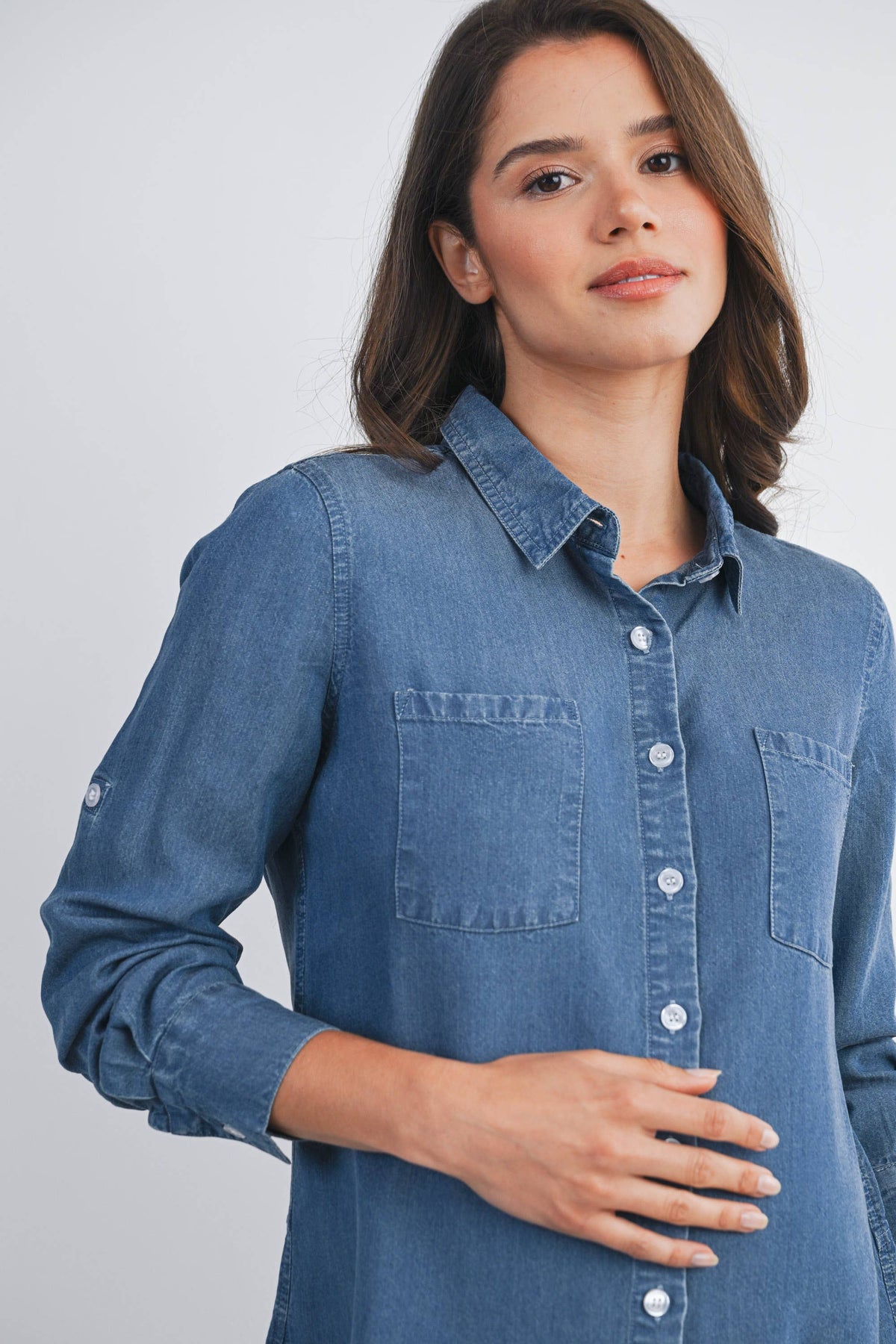 Button Down Long Sleeve Chambray Maternity Top