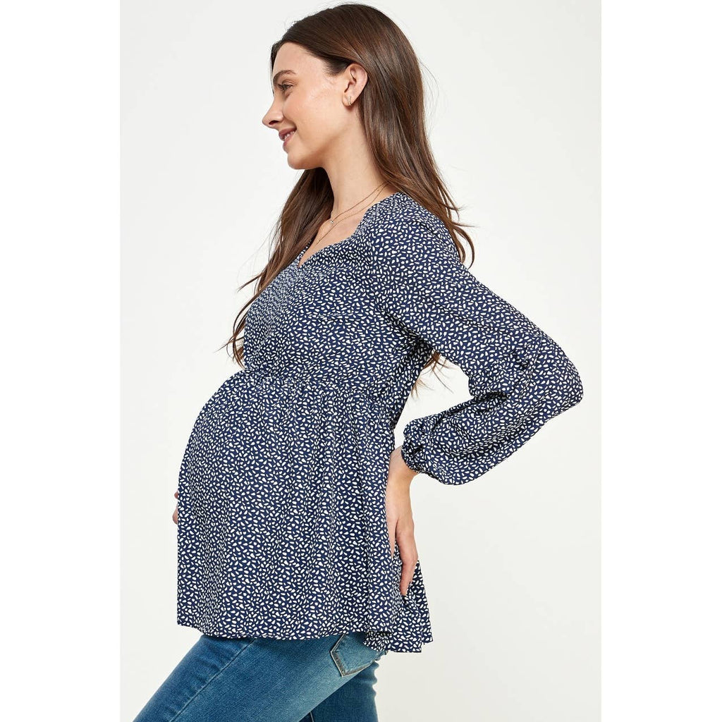 Navy V-Neck Long Sleeve Maternity Blouse