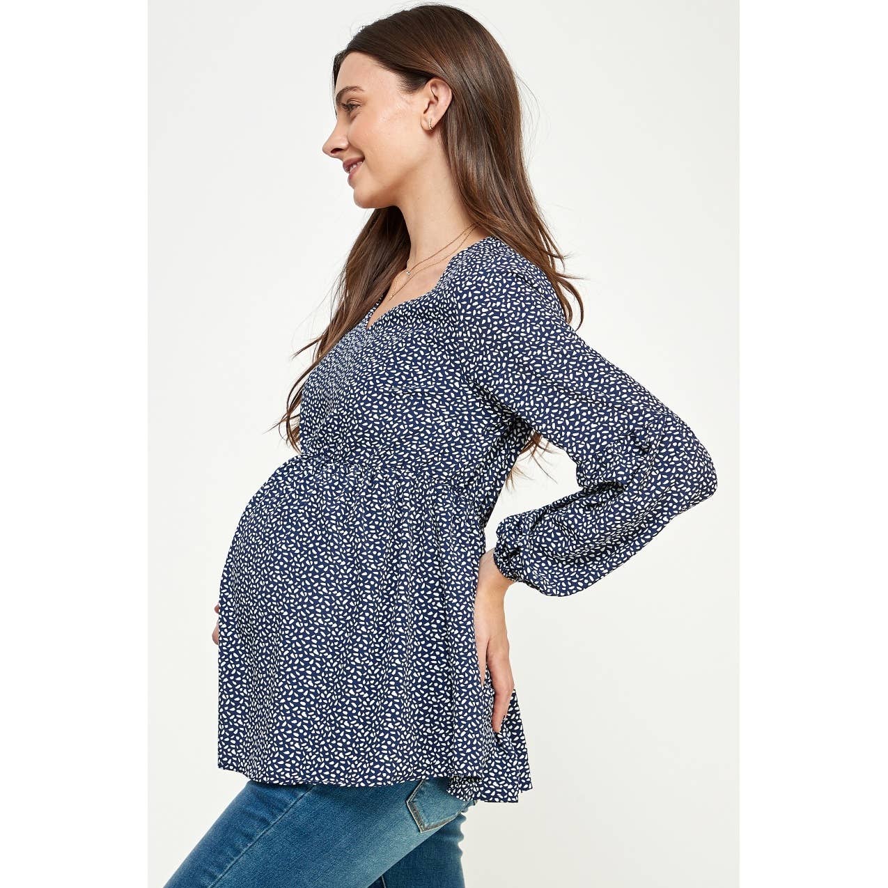 Navy V-Neck Long Sleeve Maternity Blouse