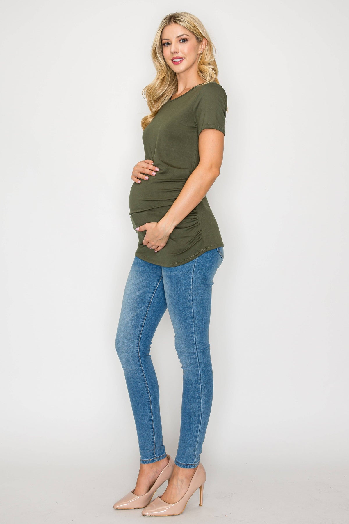 Elisse Casual Short Sleeve Maternity Top W/Side Ruching in Olive