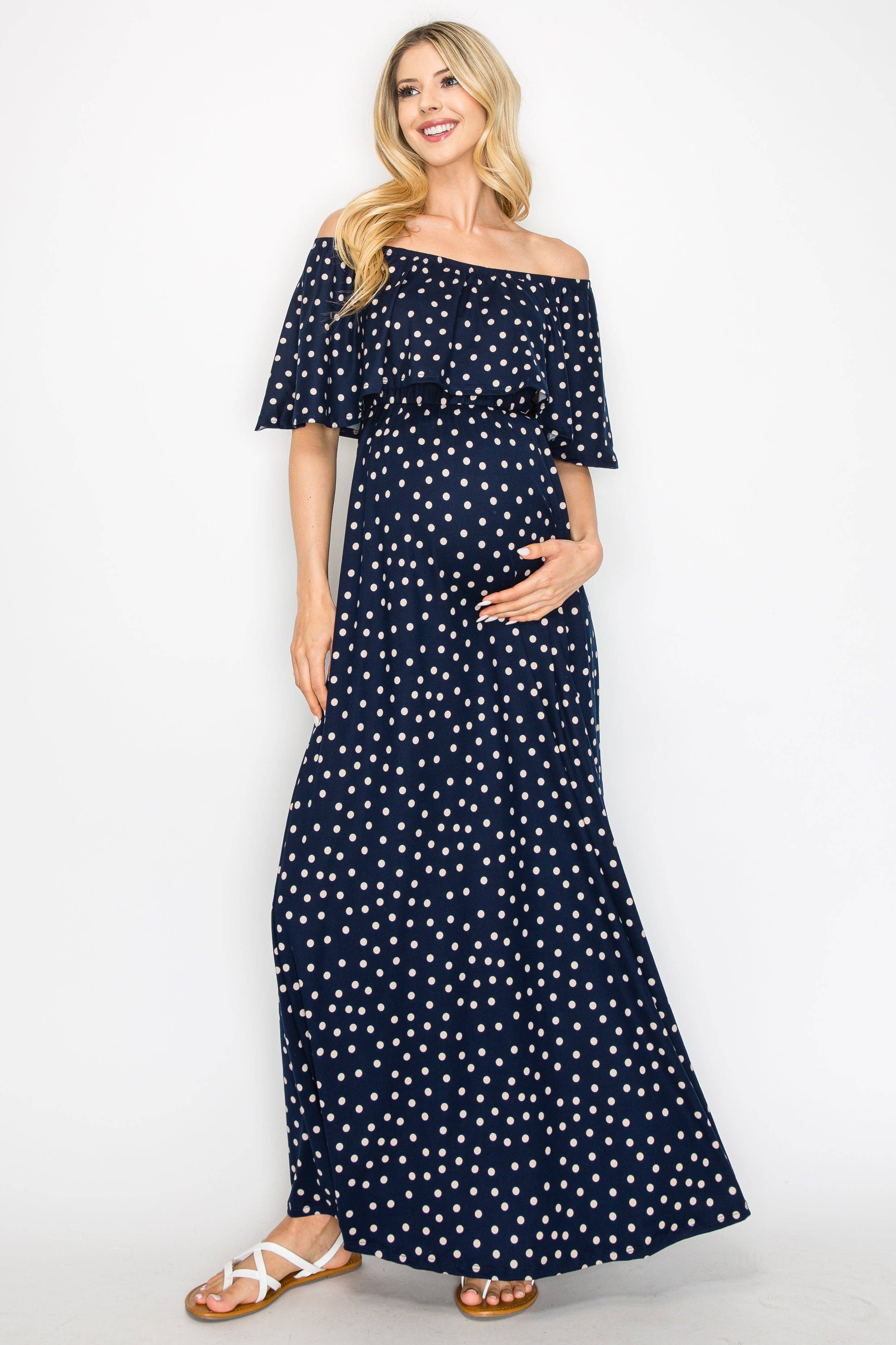 Off The Shoulder Navy/Polka Dot Maternity Maxi Dress