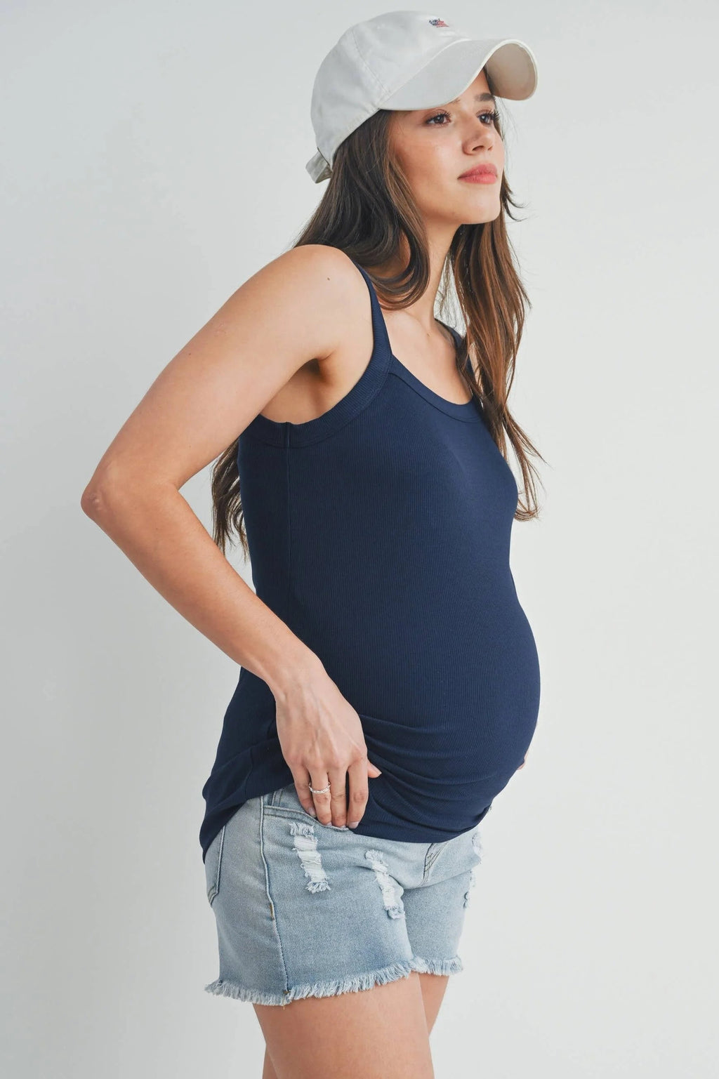 Black Ribbed Square Neck Maternity Solid Tank Top