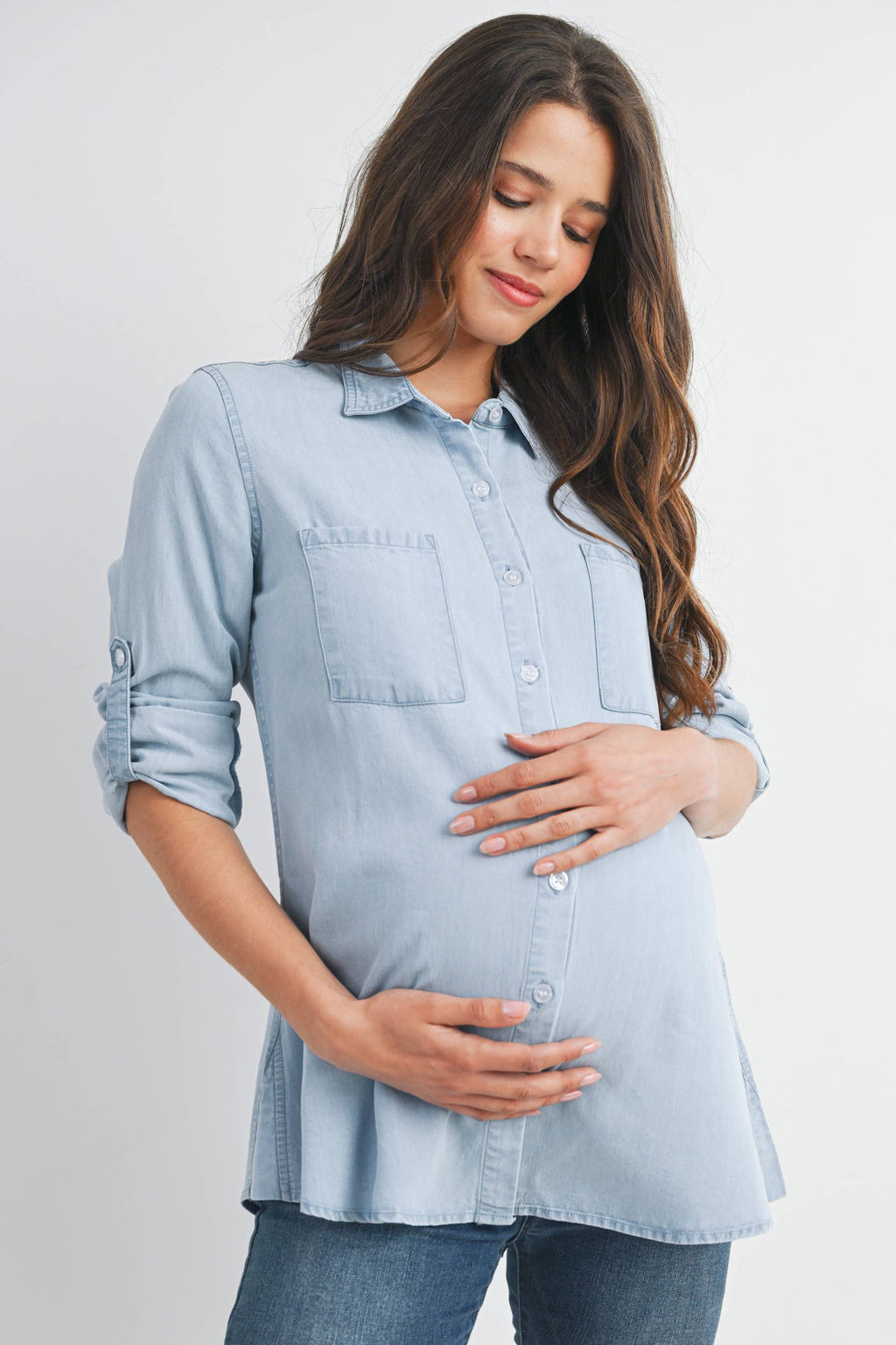 Button Down Long Sleeve Chambray Maternity Top