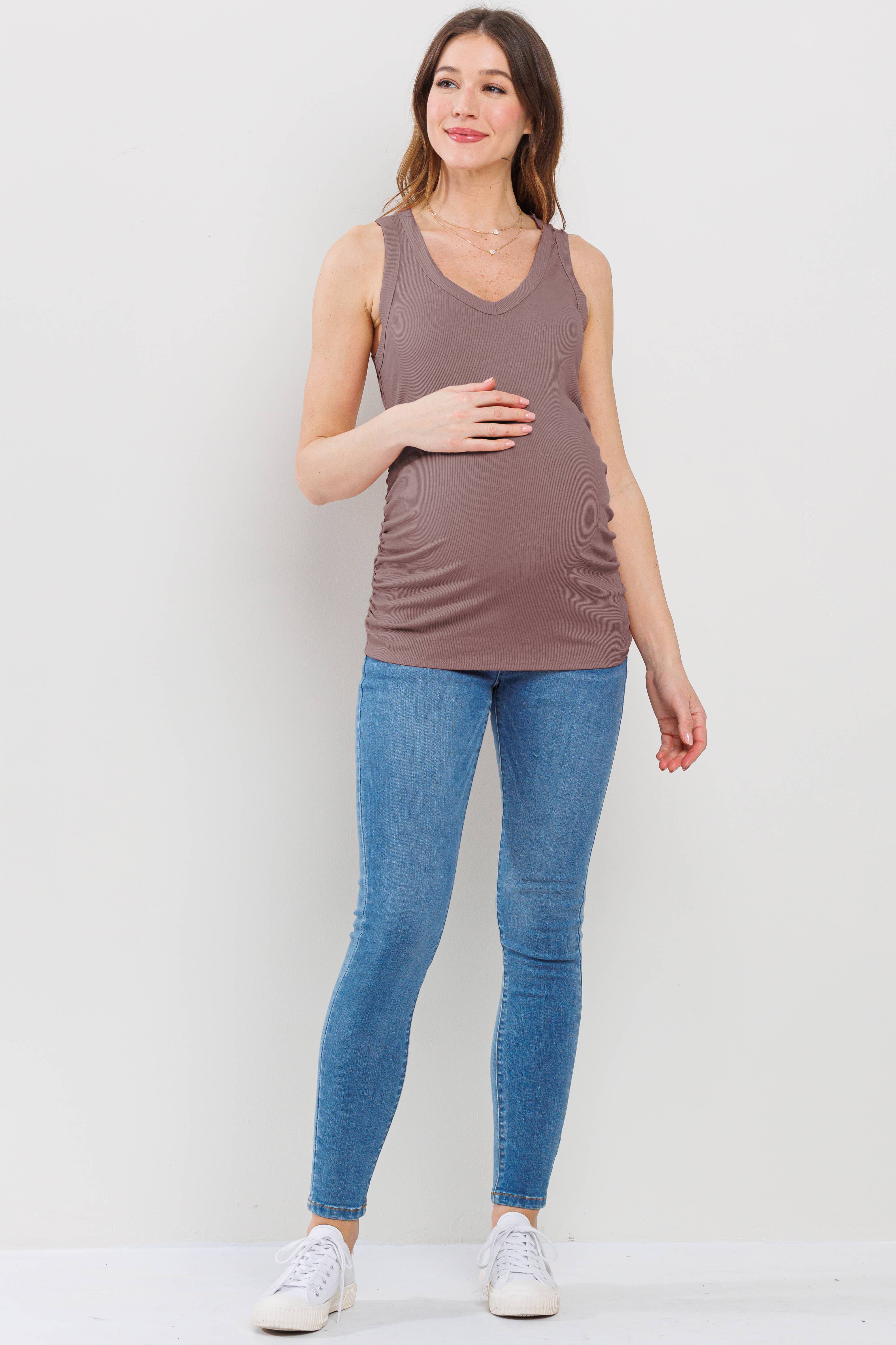 Ruched V-Neck Maternity Ribbed Tank Top in Mauve