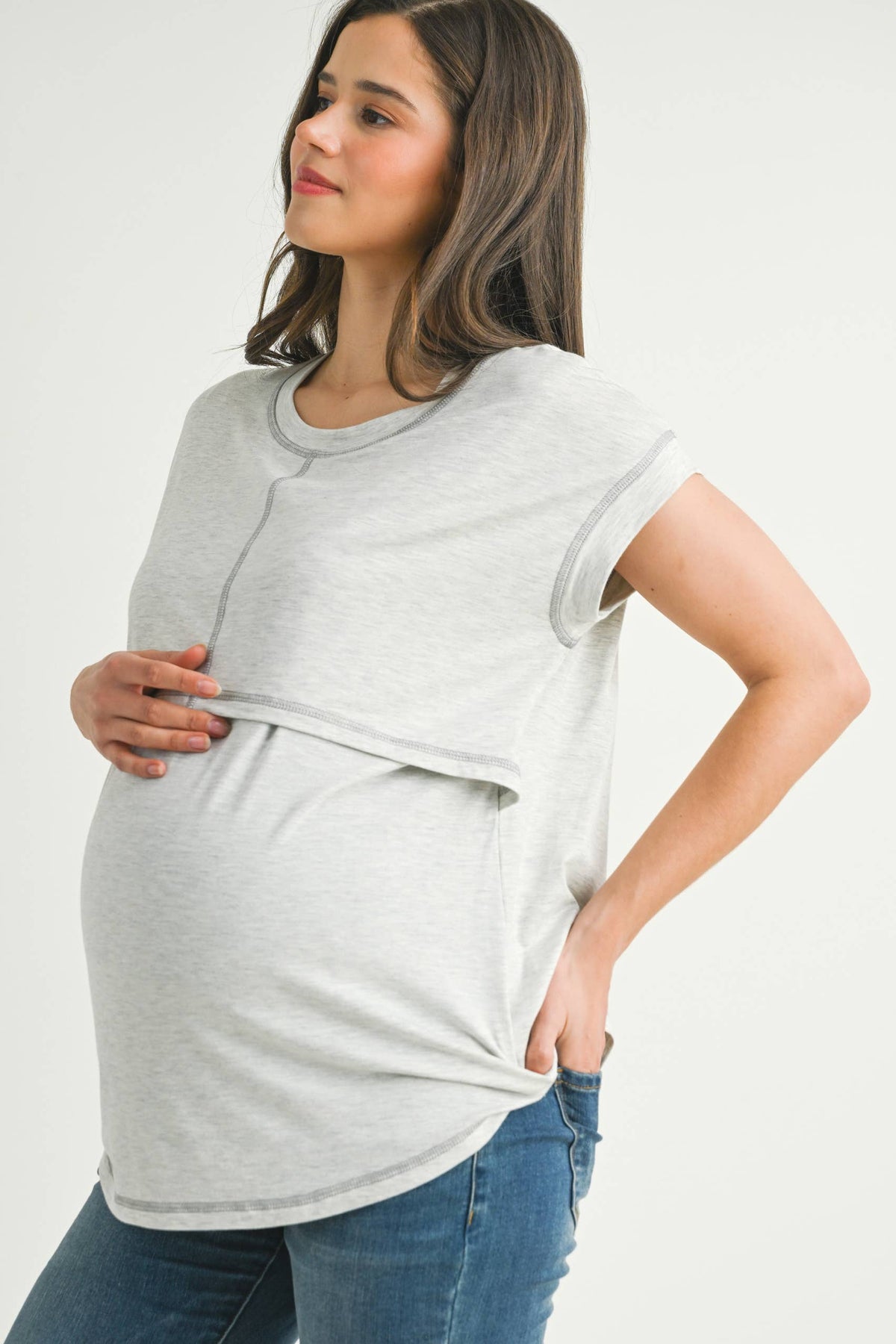 Double Layer Short Sleeve Maternity Nursing Top in Grey