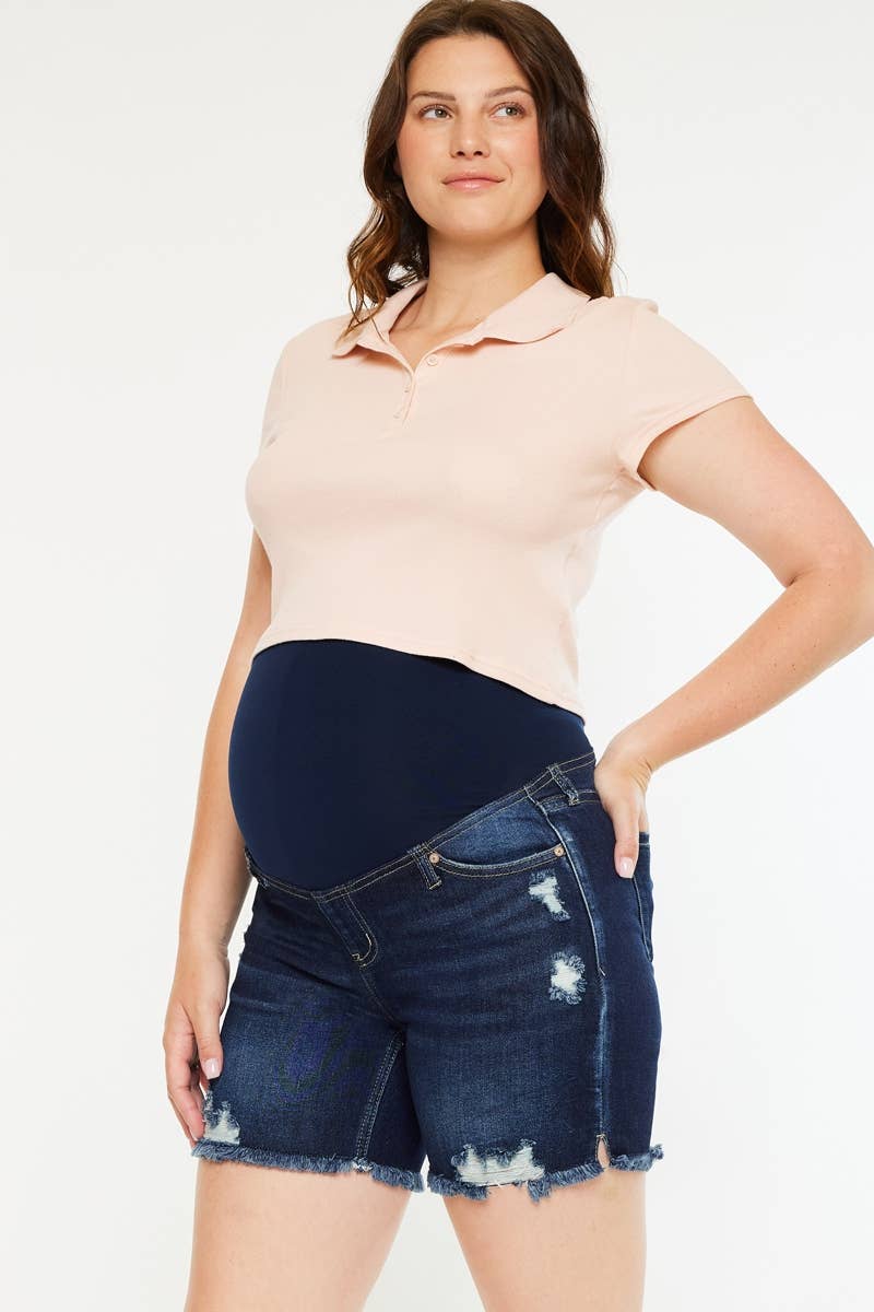 Distressed Maternity Dark Wash Denim Shorts