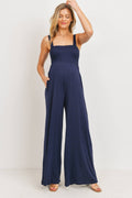 Sleeveless Smocked Maternity Wide-Leg Jumpsuit in Navy