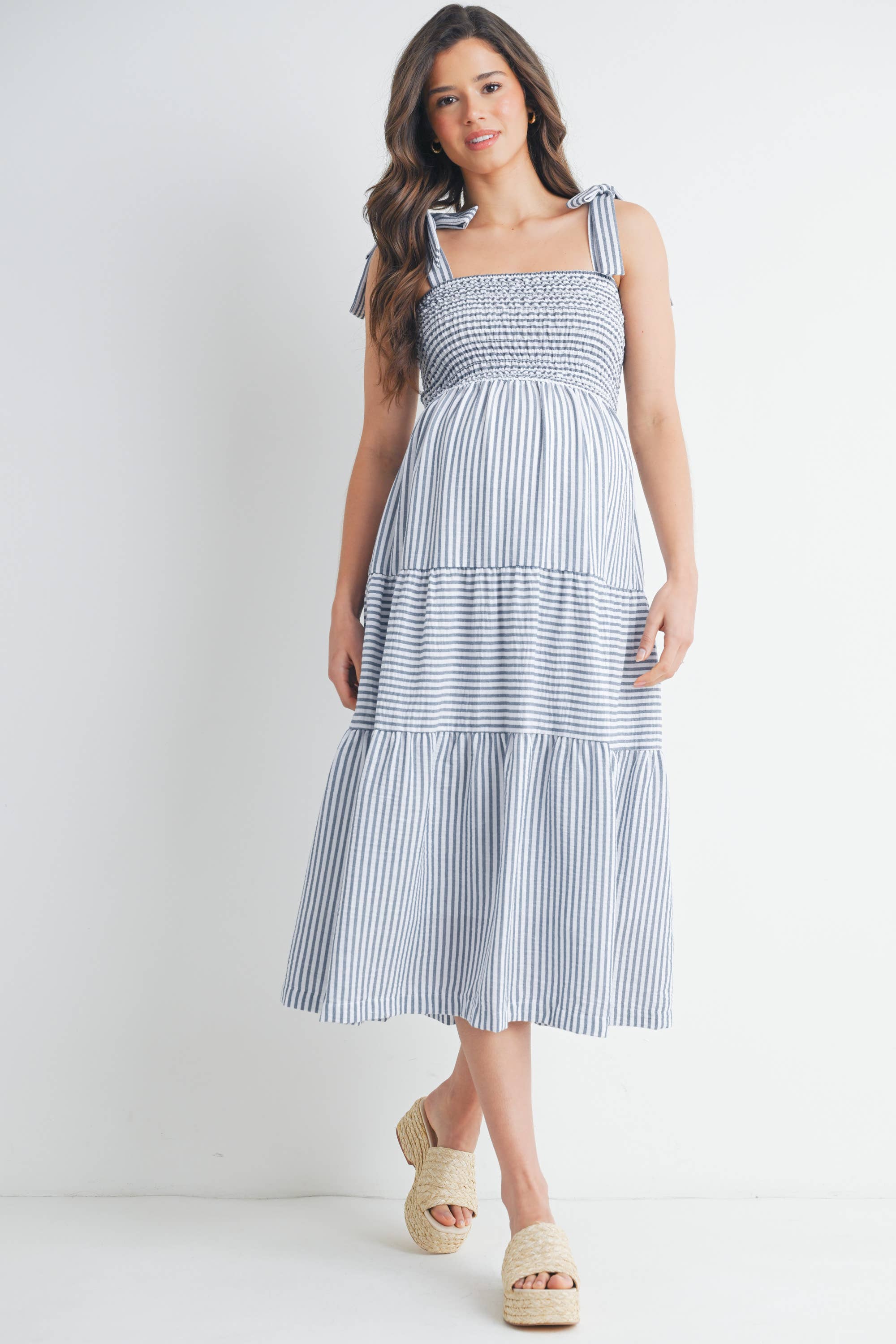 Striped Ruffle Tiered Maternity Midi Dress – Bump Maternity