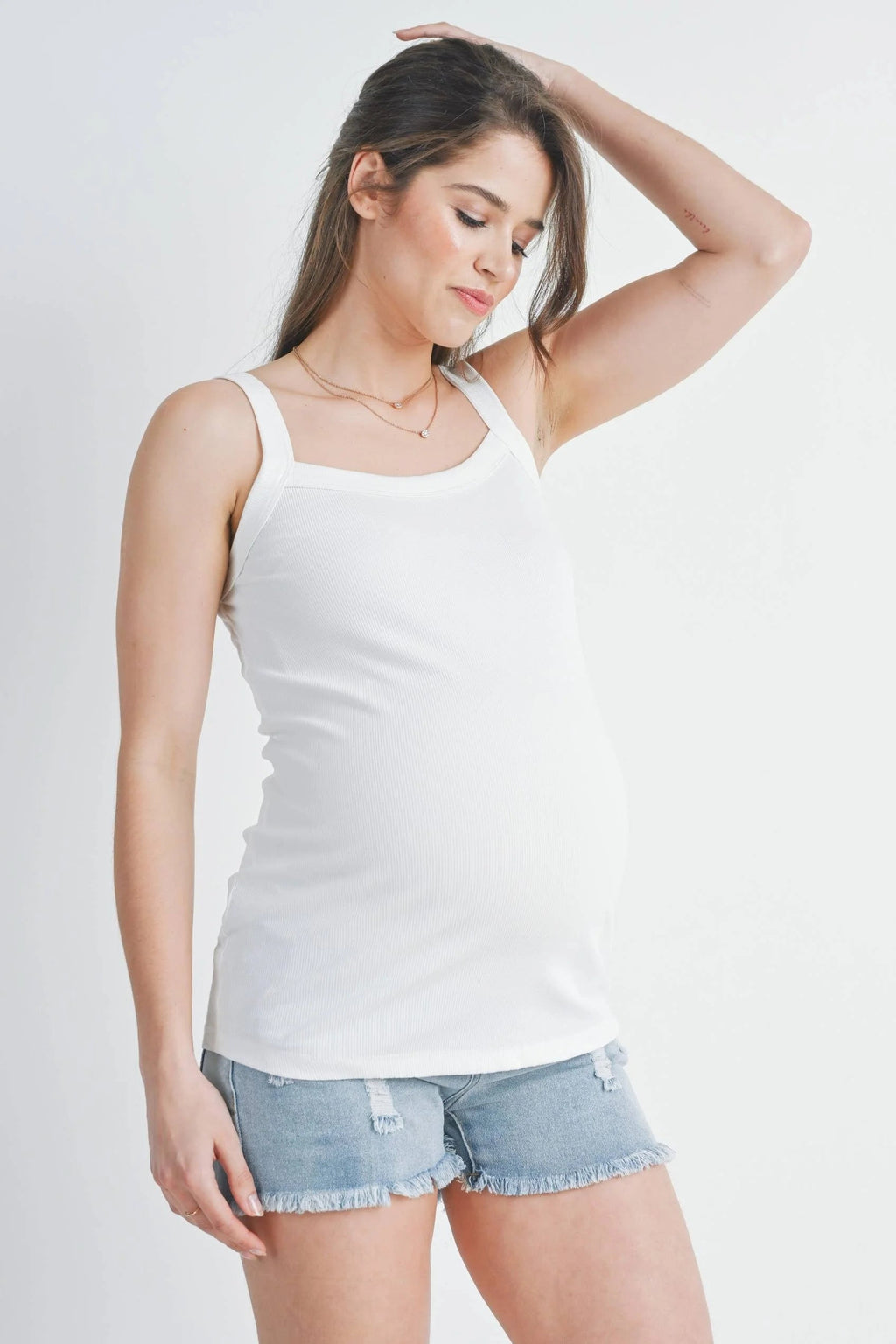 Off-white Ribbed Square Neck Maternity Solid Tank Top