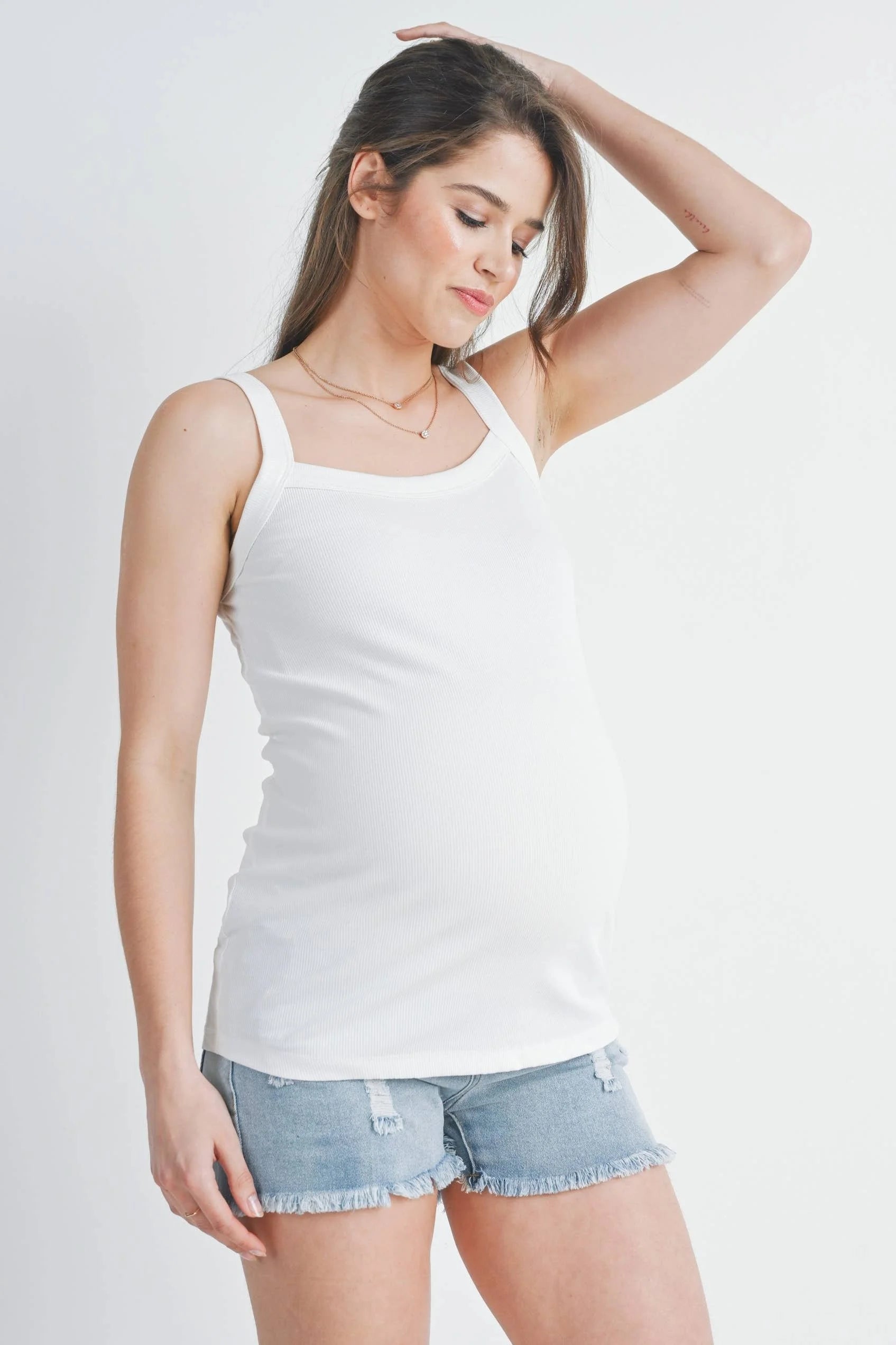 Off-white Ribbed Square Neck Maternity Solid Tank Top