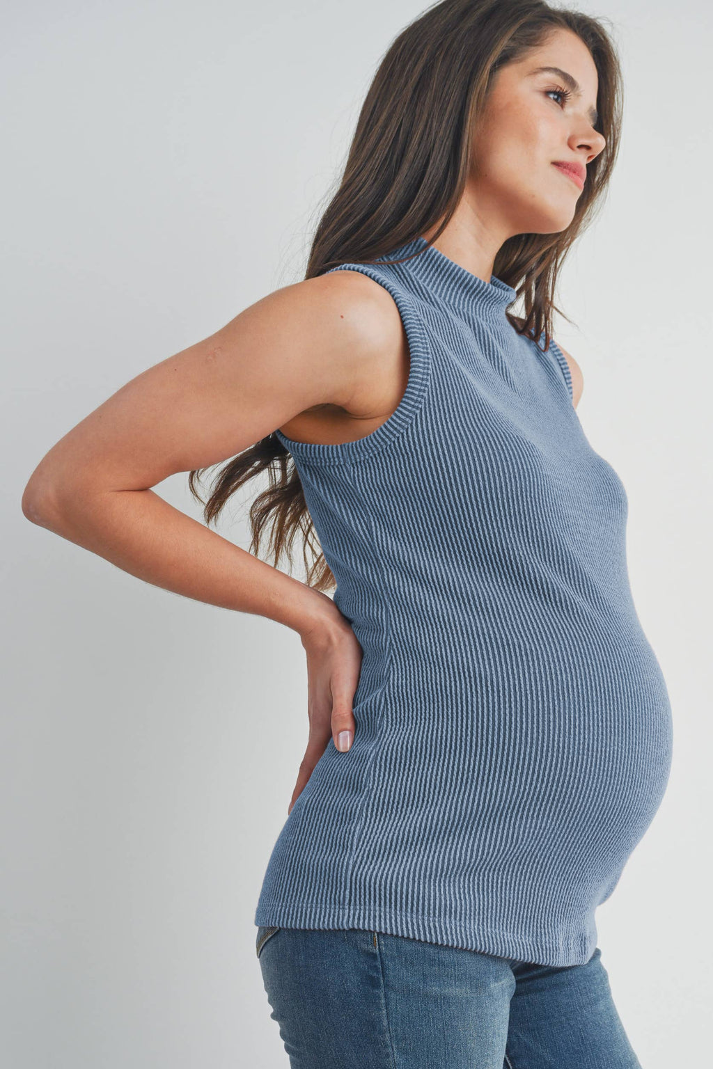 Ribbed Mock Neck Maternity Tank Top in Denim Blue