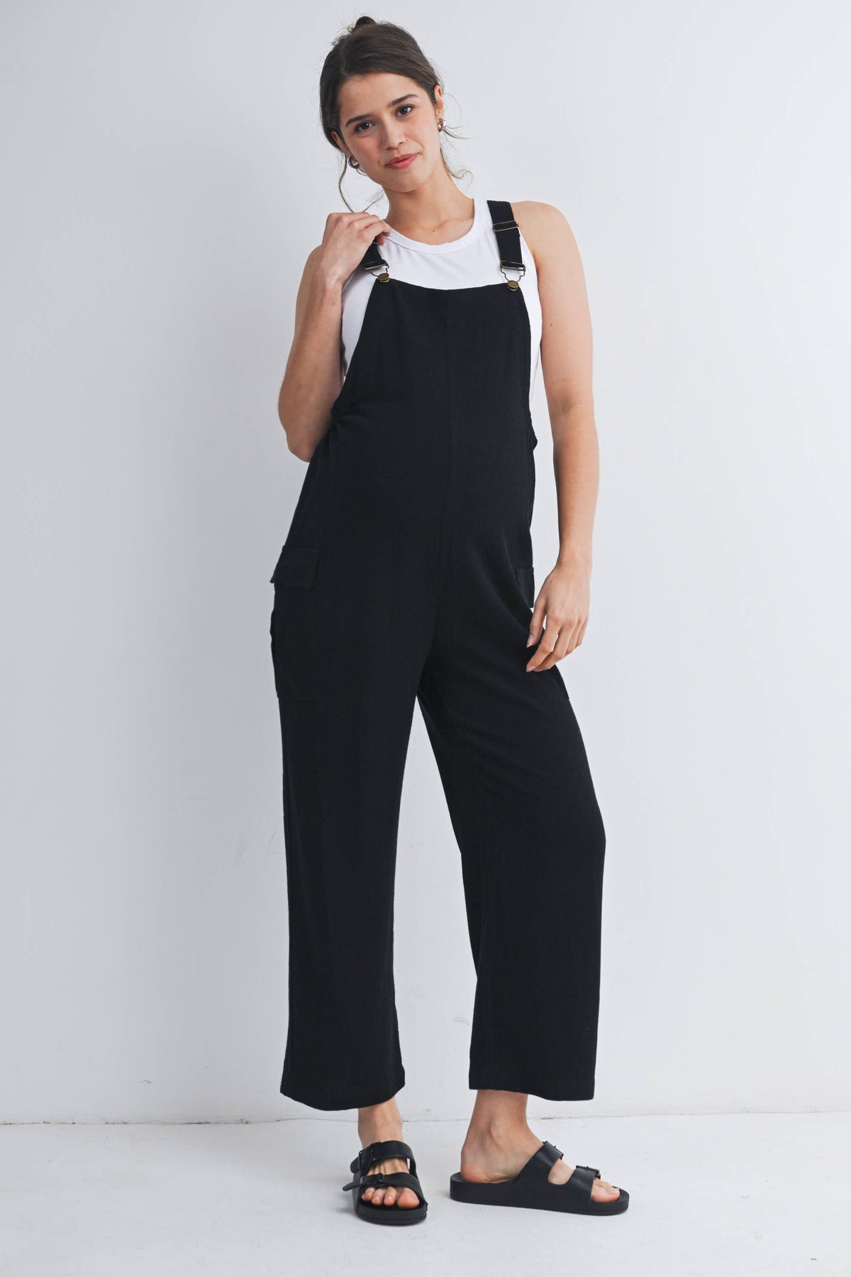 Straight Leg Maternity Adjustable Overalls in Black