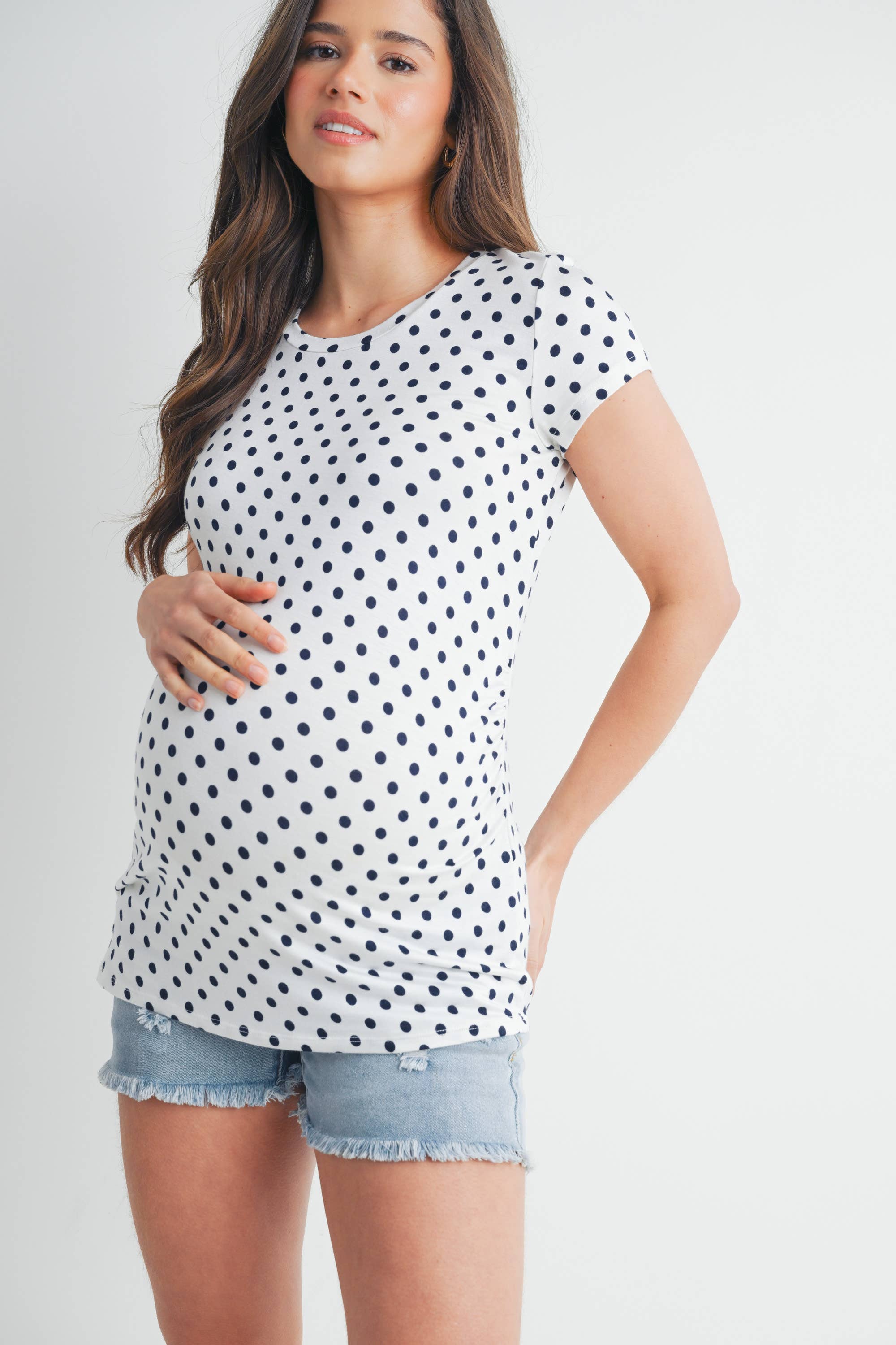 Polka Dot Short Sleeve Maternity T-Shirt in Ivory/Blue