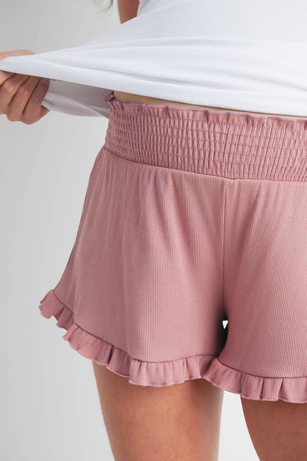 Mauve Smocked Ruffle Hem Maternity Shorts