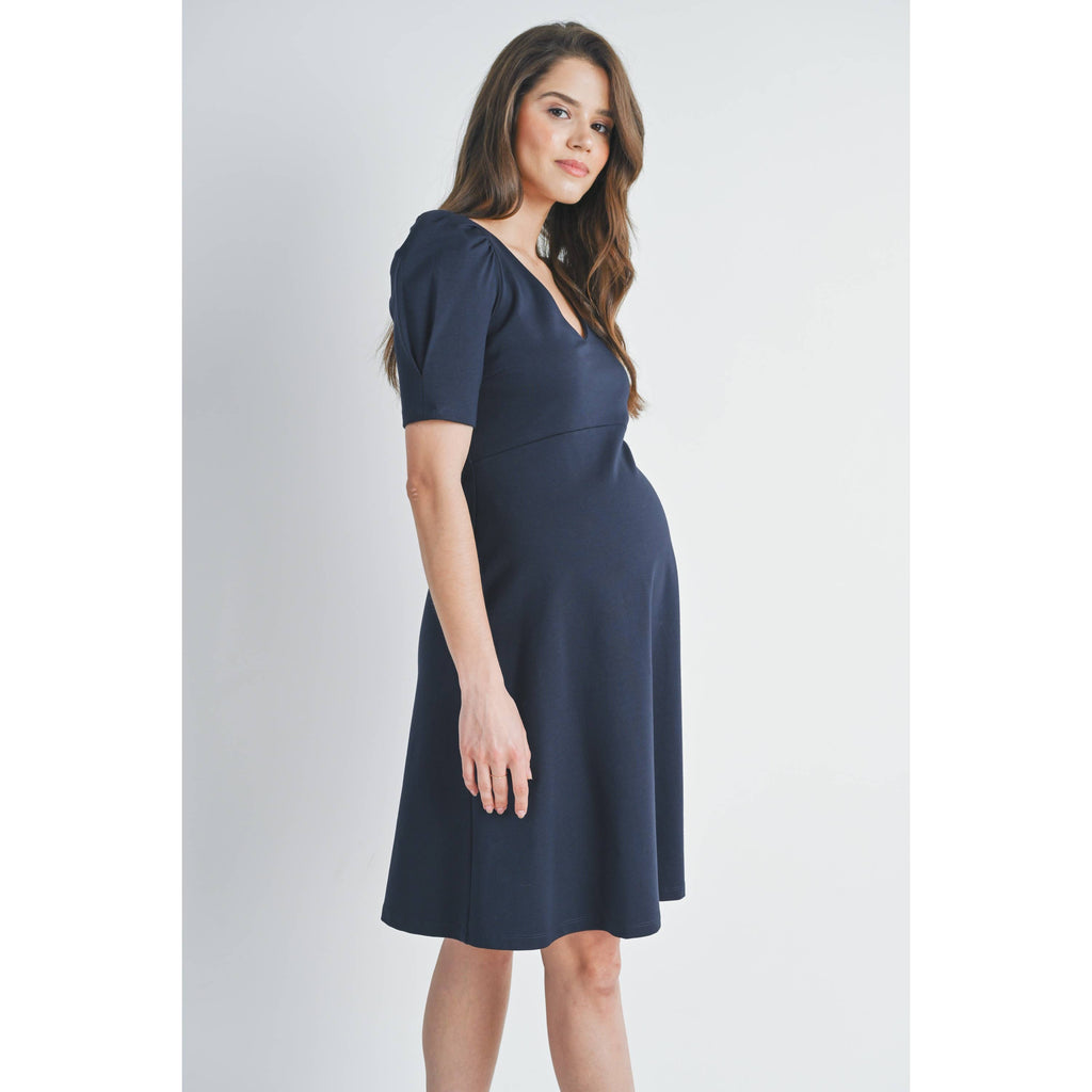 V-Neck Short Sleeve Navy Career Maternity Dress