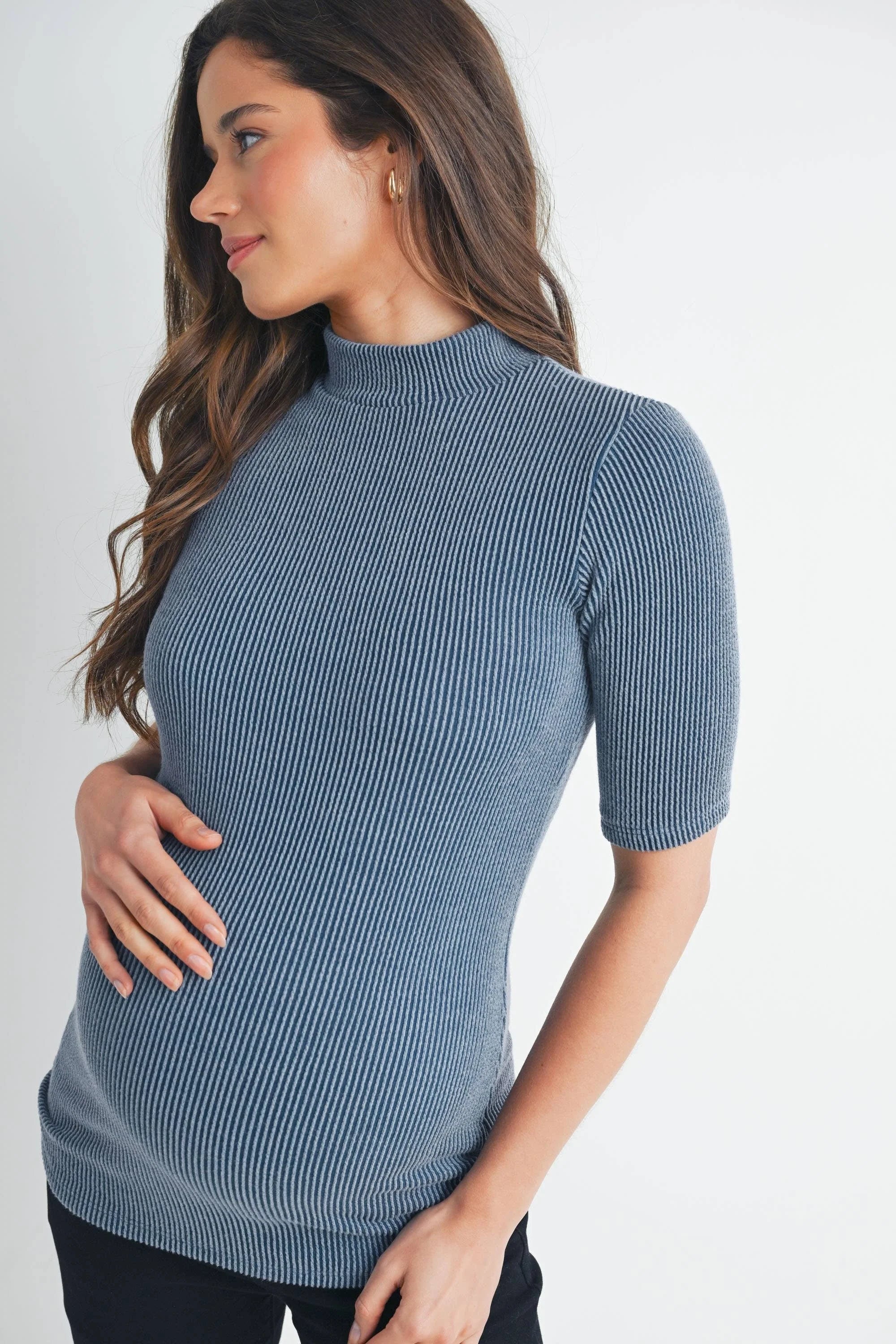 Ribbed Mock Neck Half Sleeve Maternity Top