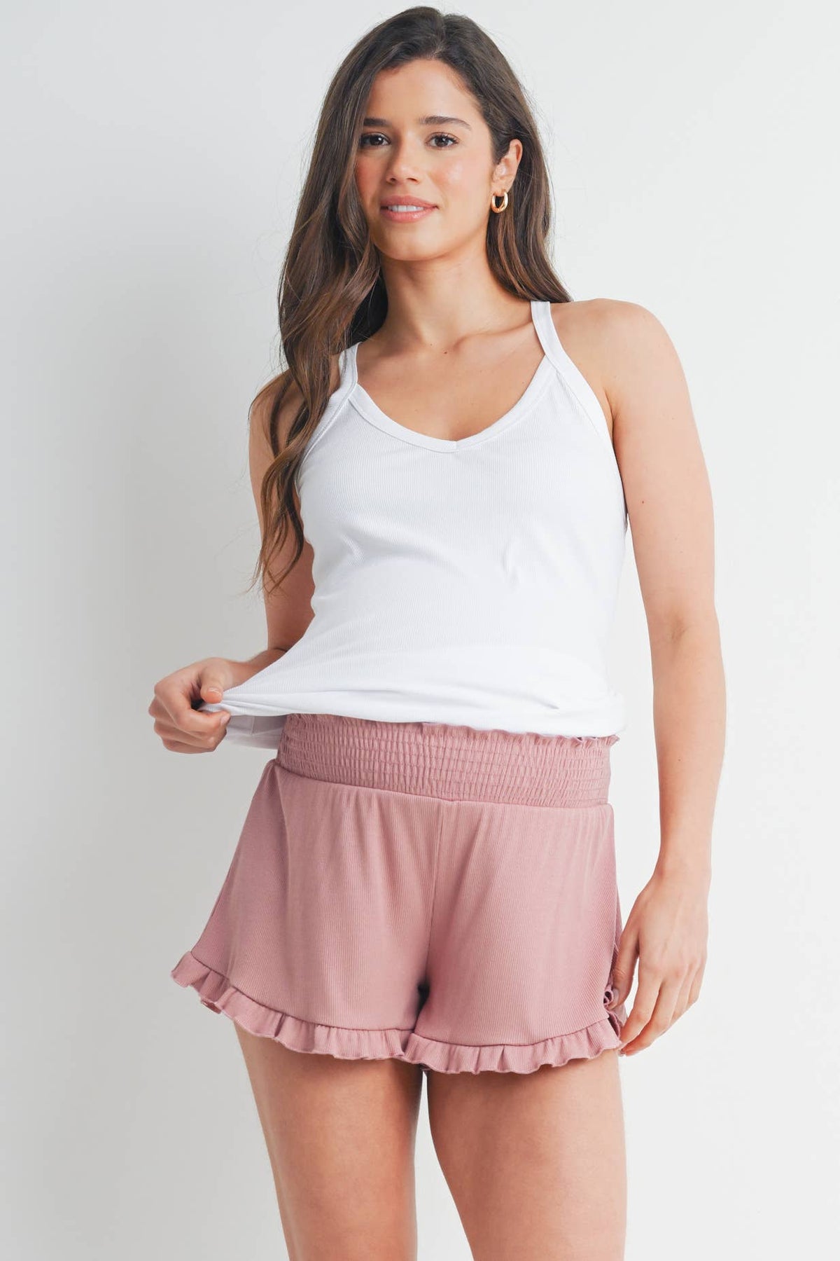 Mauve Smocked Ruffle Hem Maternity Shorts