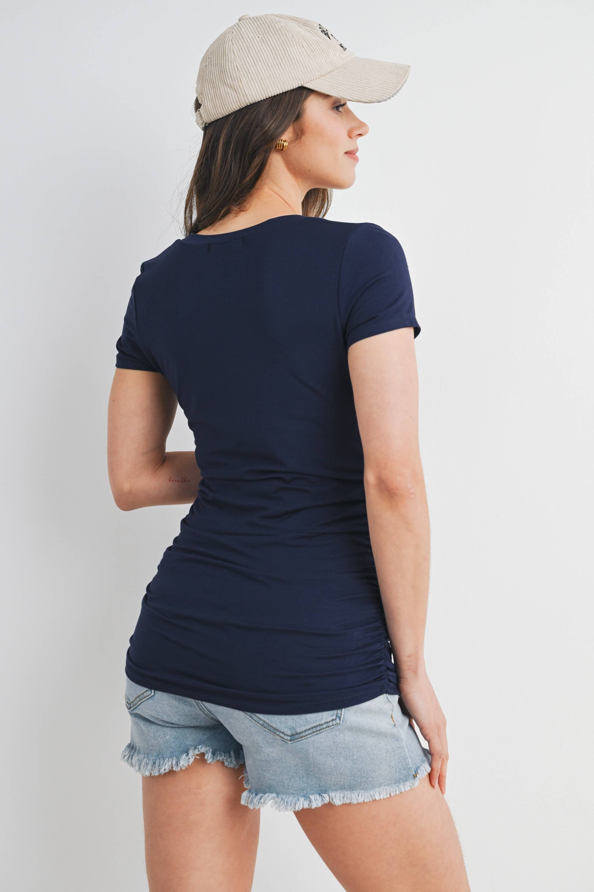 Navy Basic Round Neck Ruched Short Sleeve Maternity T-Shirt