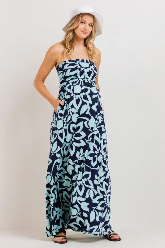 Navy/Teal Floral Bliss Strapless Maternity Maxi Dress