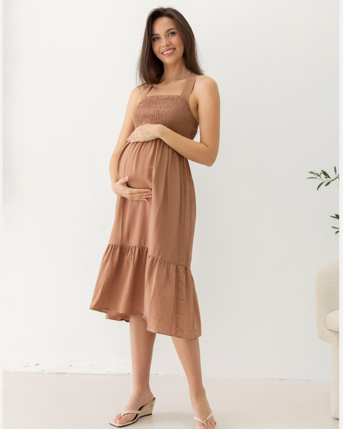Lily Maternity Summer Shirred Dress in Terra-cotta