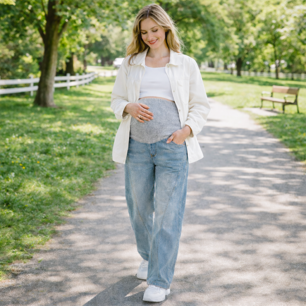 High Waist Maternity Wide Leg Denim Jeans with Bump Support
