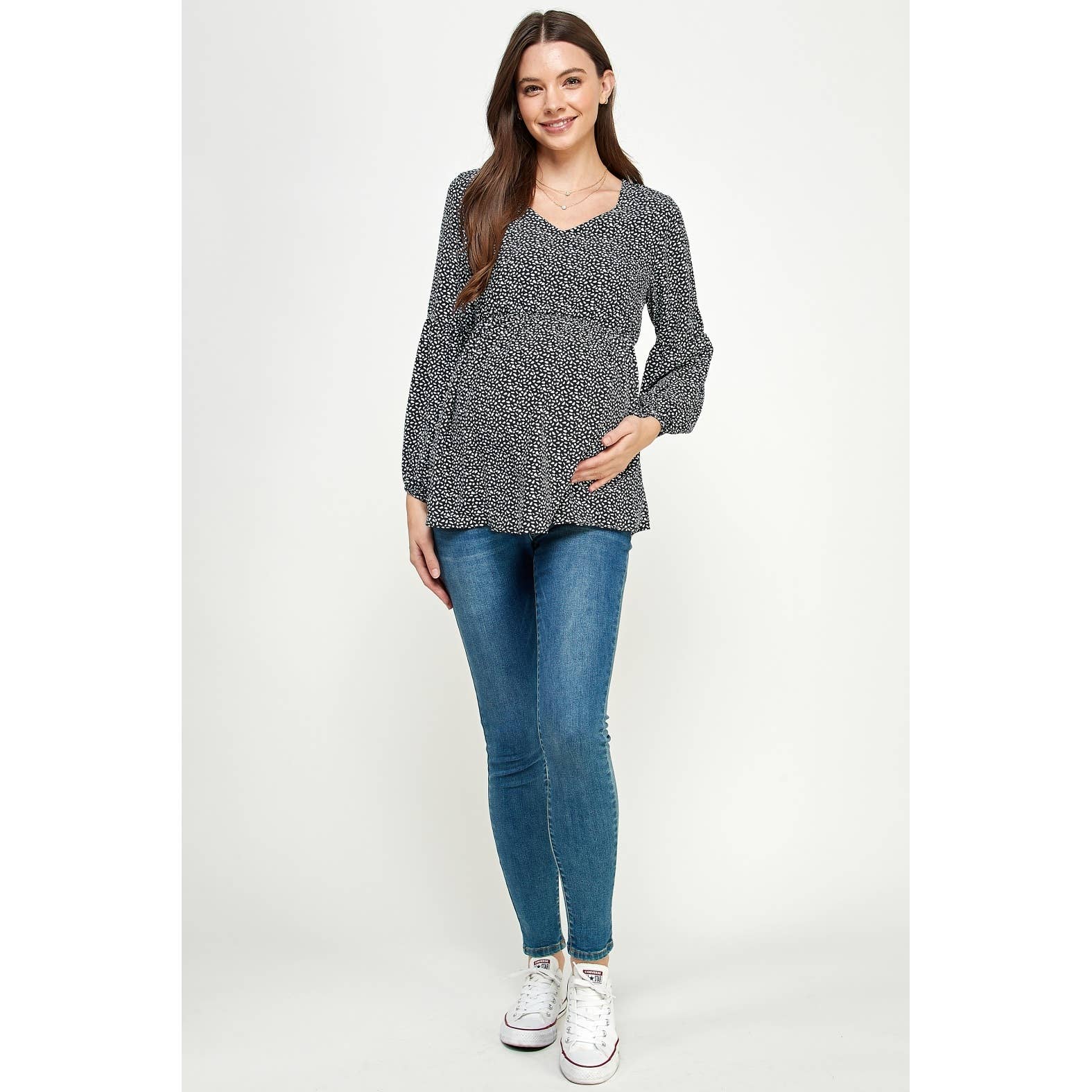 Navy V-Neck Long Sleeve Maternity Blouse