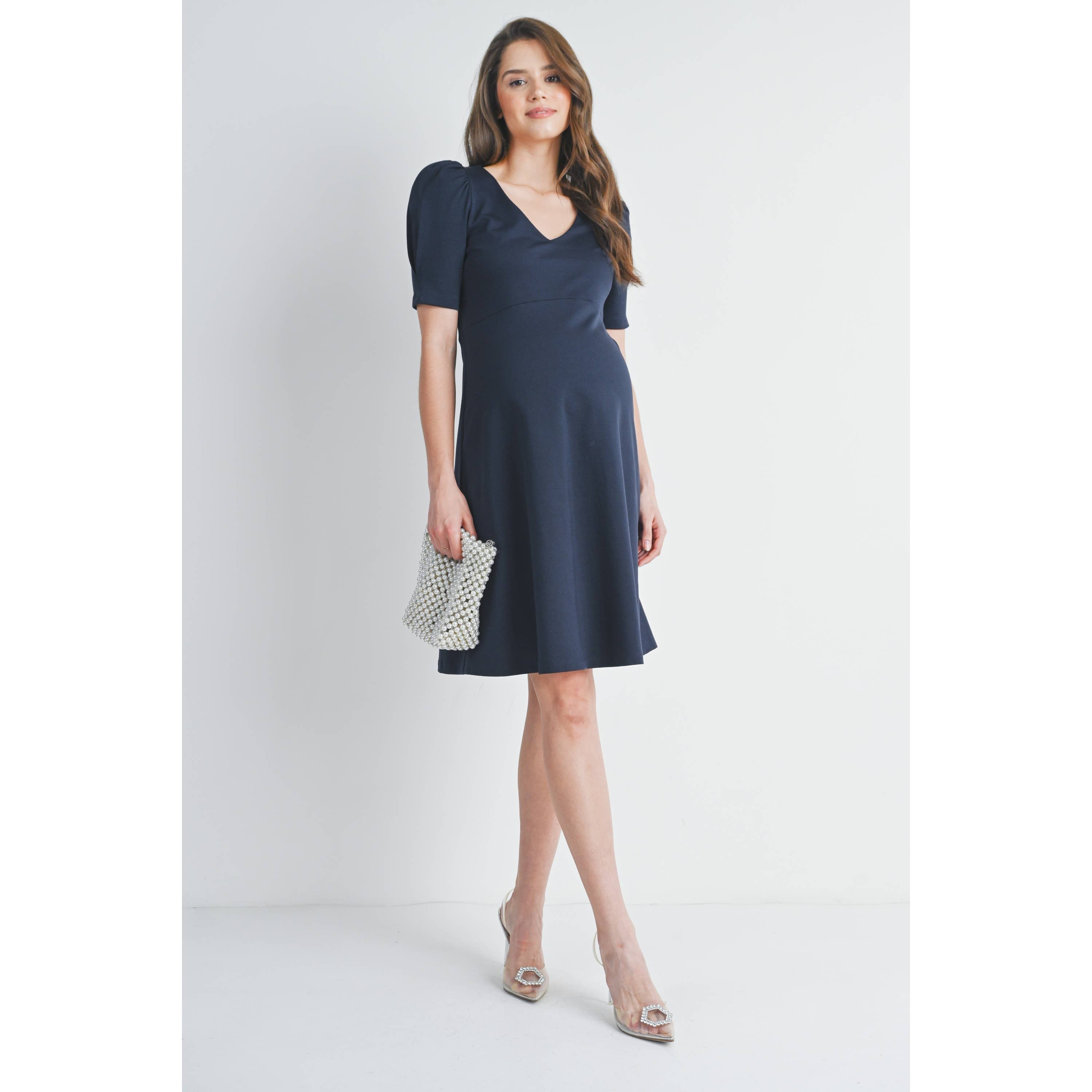 V-Neck Short Sleeve Navy Career Maternity Dress