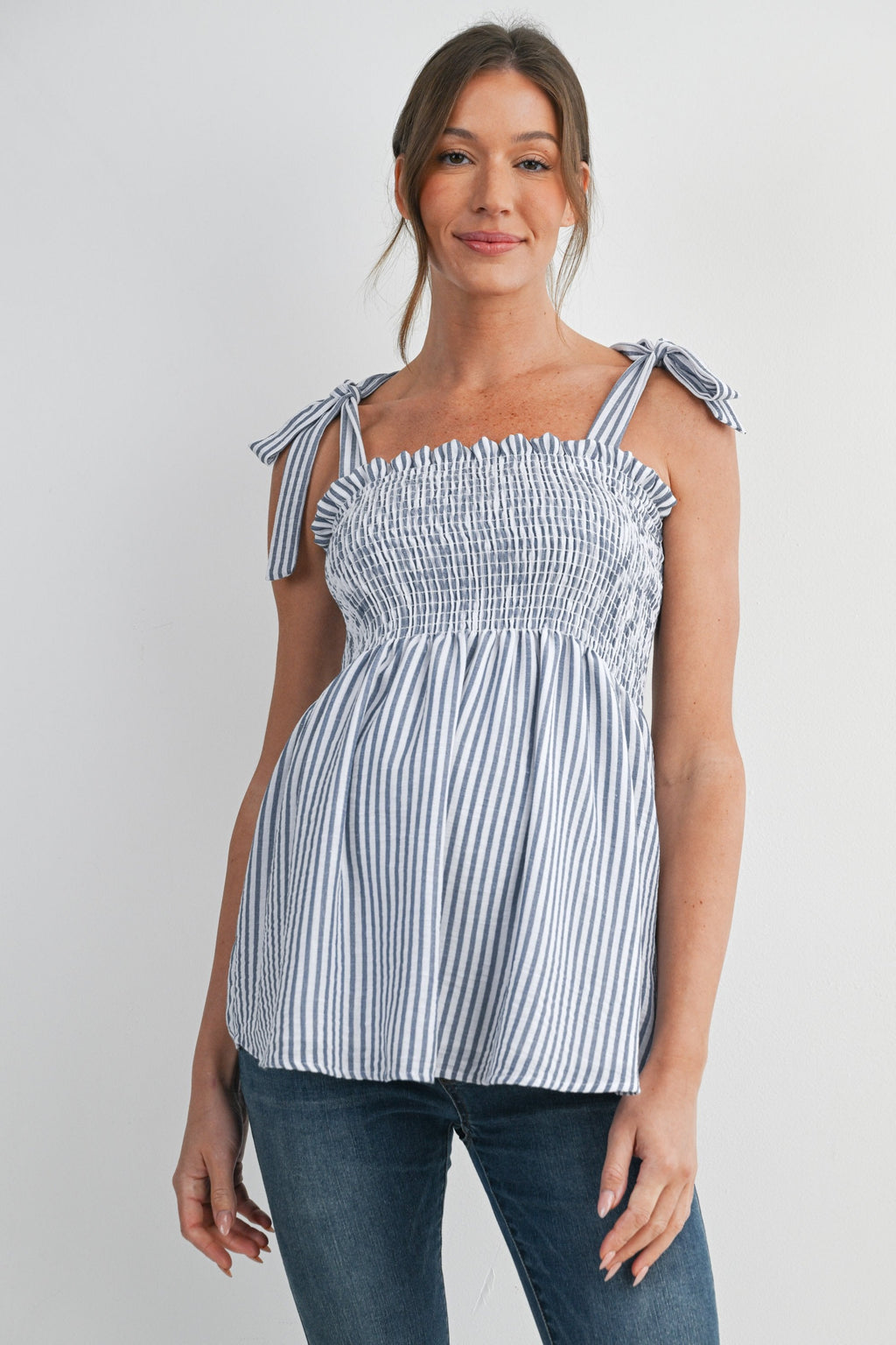 Striped Denim Blue and White Maternity Top with Adjustable Ties