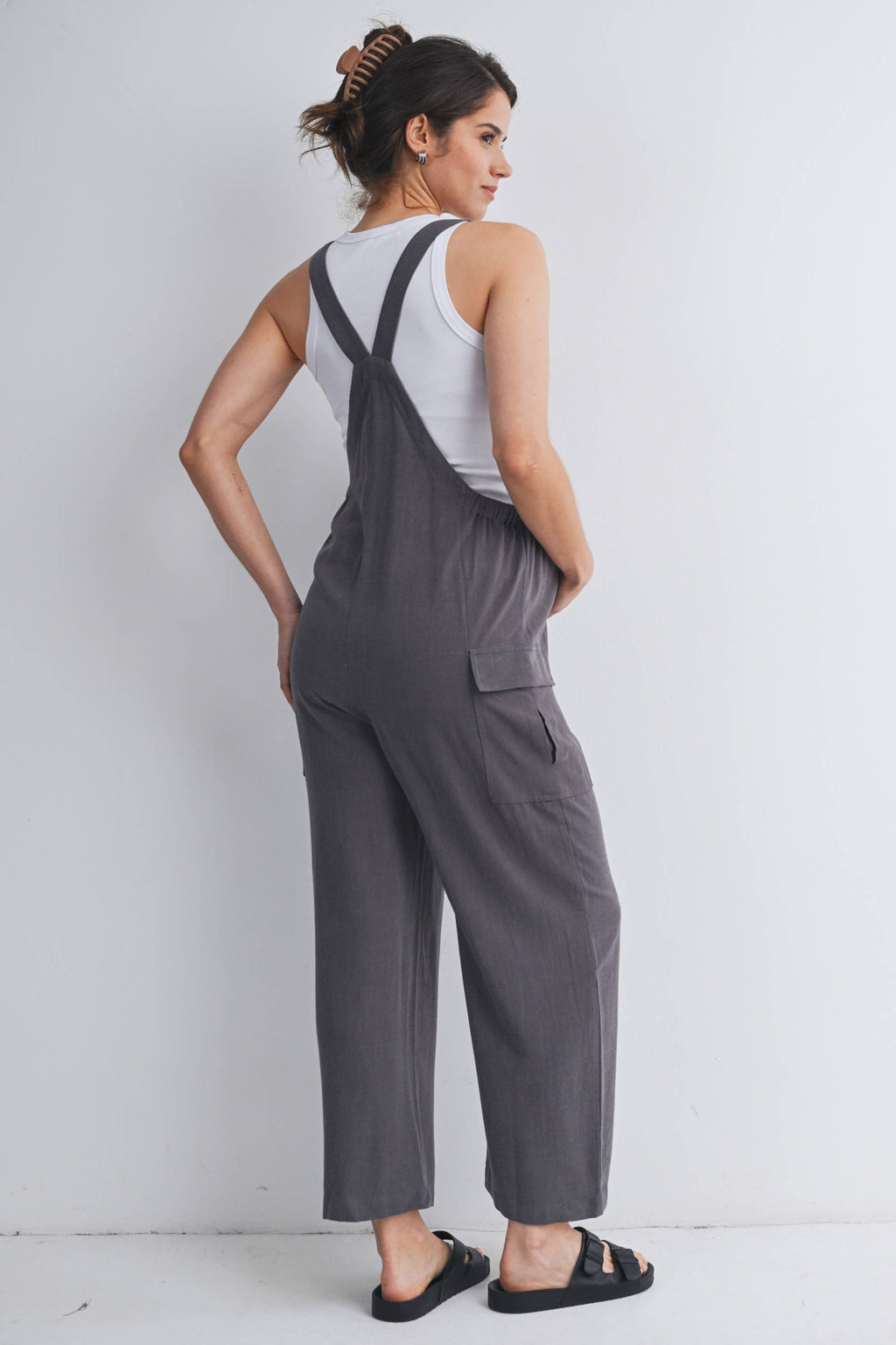 Straight Leg Maternity Adjustable Overalls in Gray