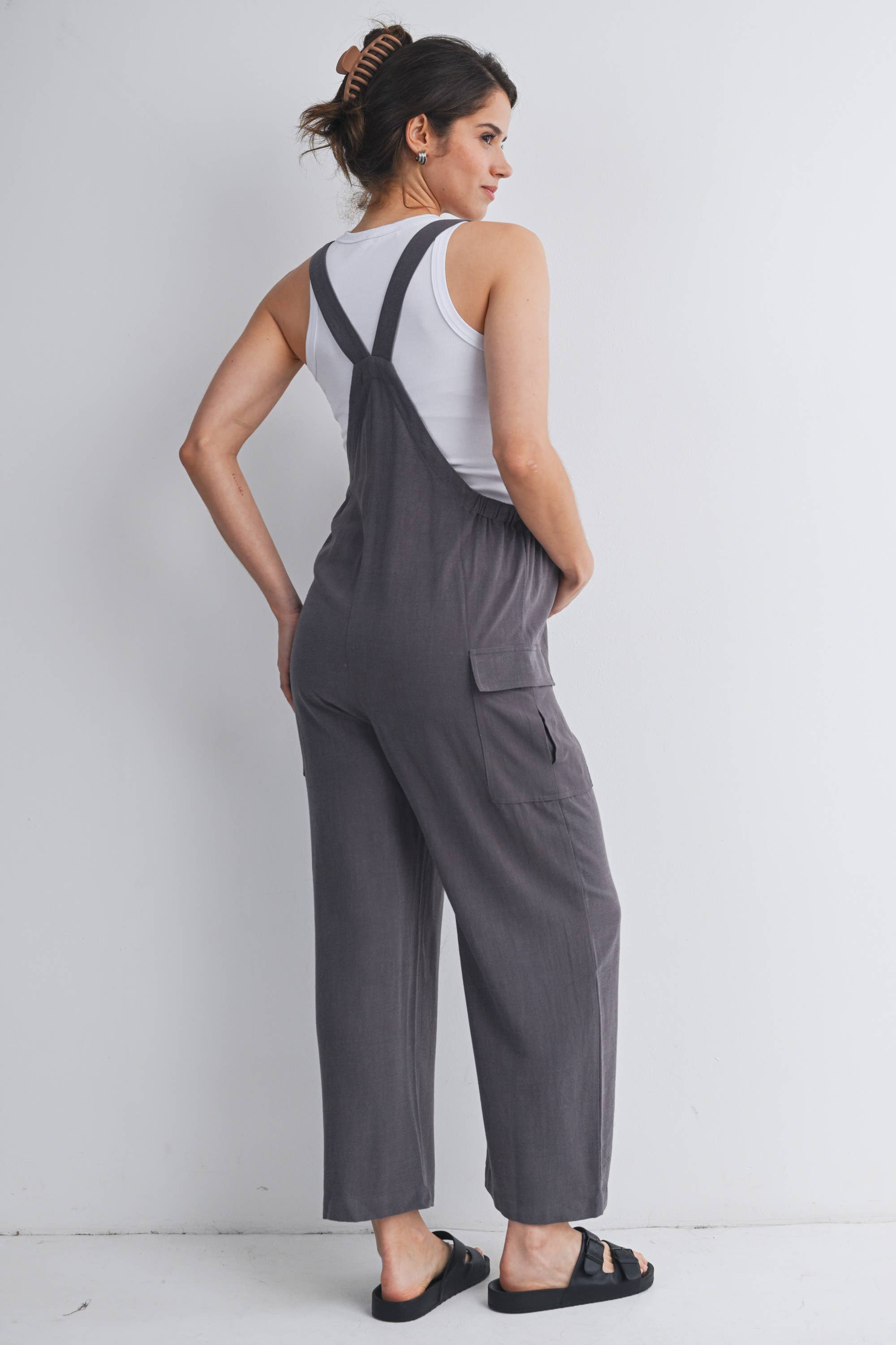 Straight Leg Maternity Adjustable Overalls in Gray