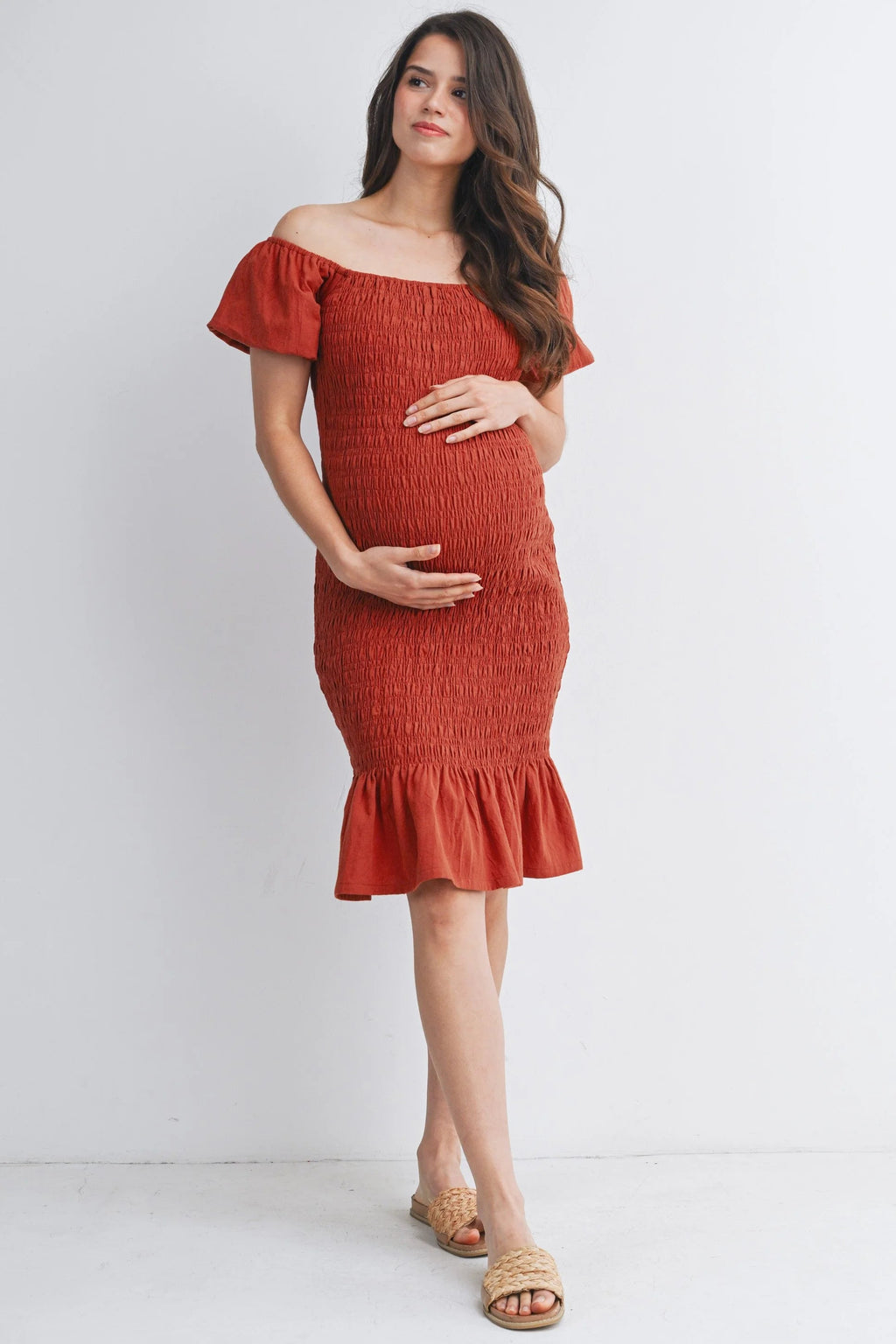 Rust Colored Shirred Off the Shoulder Maternity Dress