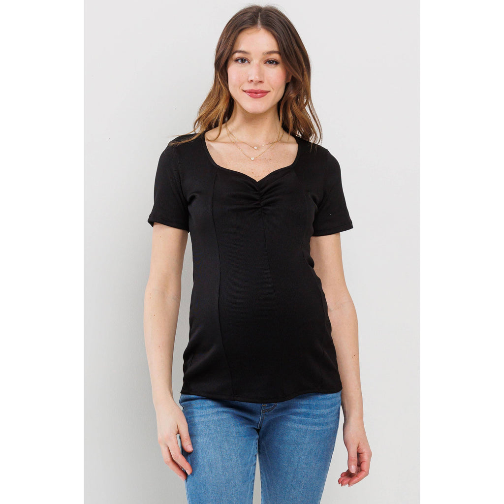 Black Sweetheart Ribbed Maternity Short Sleeve Top