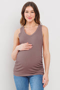 Ruched V-Neck Maternity Ribbed Tank Top in Mauve