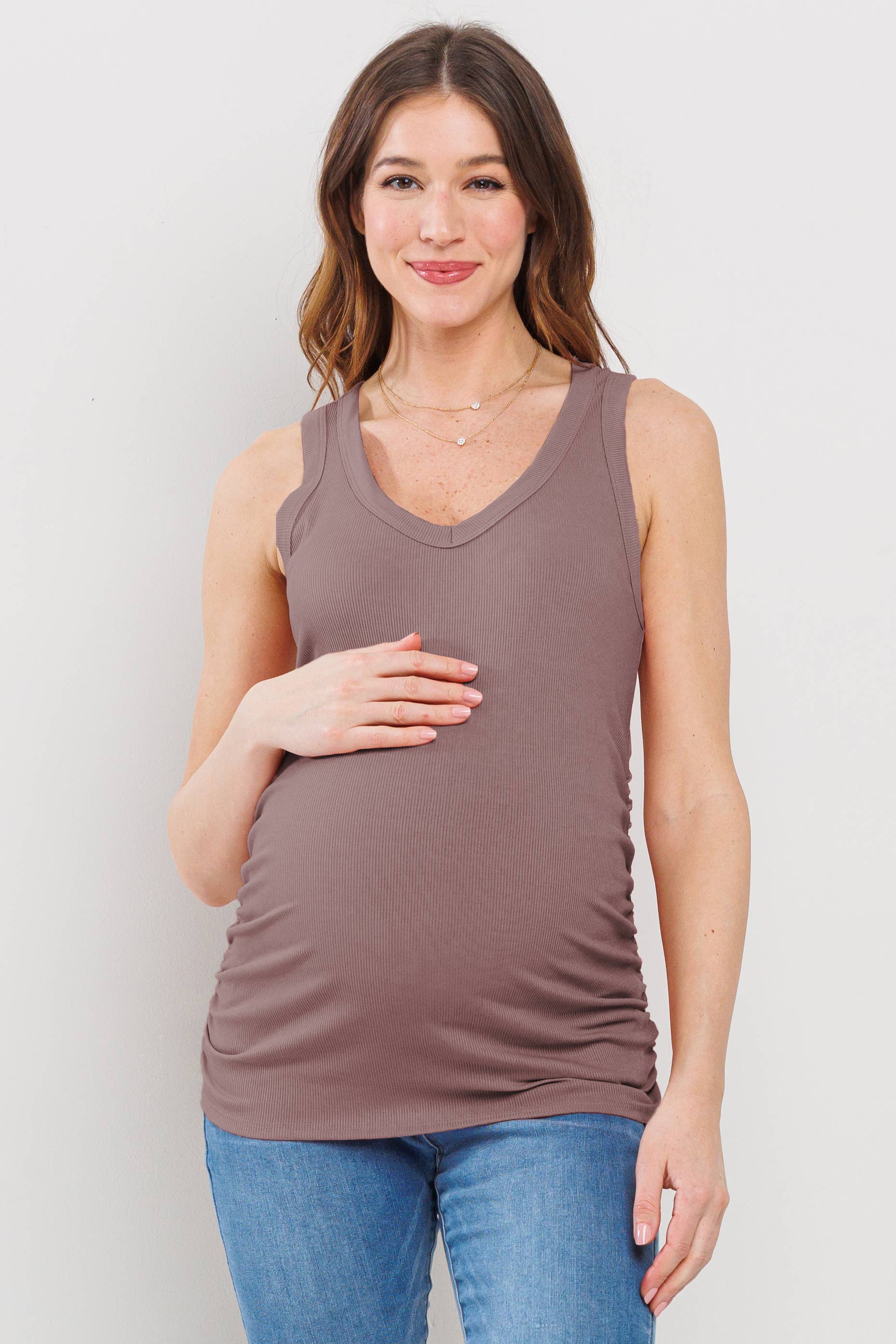 Ruched V-Neck Maternity Ribbed Tank Top in Mauve