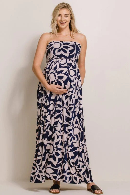Navy/Taupe Floral Bliss Strapless Maternity Maxi Dress