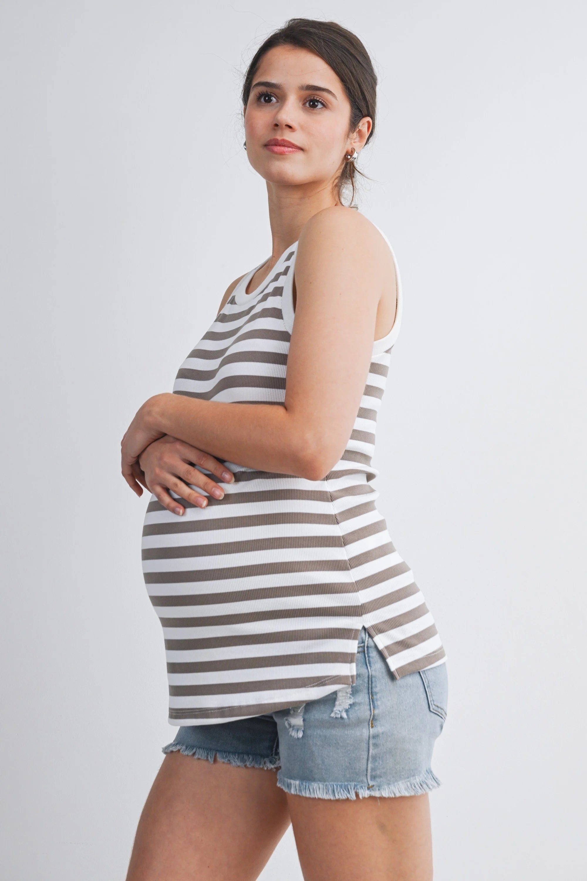 Taupe and White Striped Maternity Tank