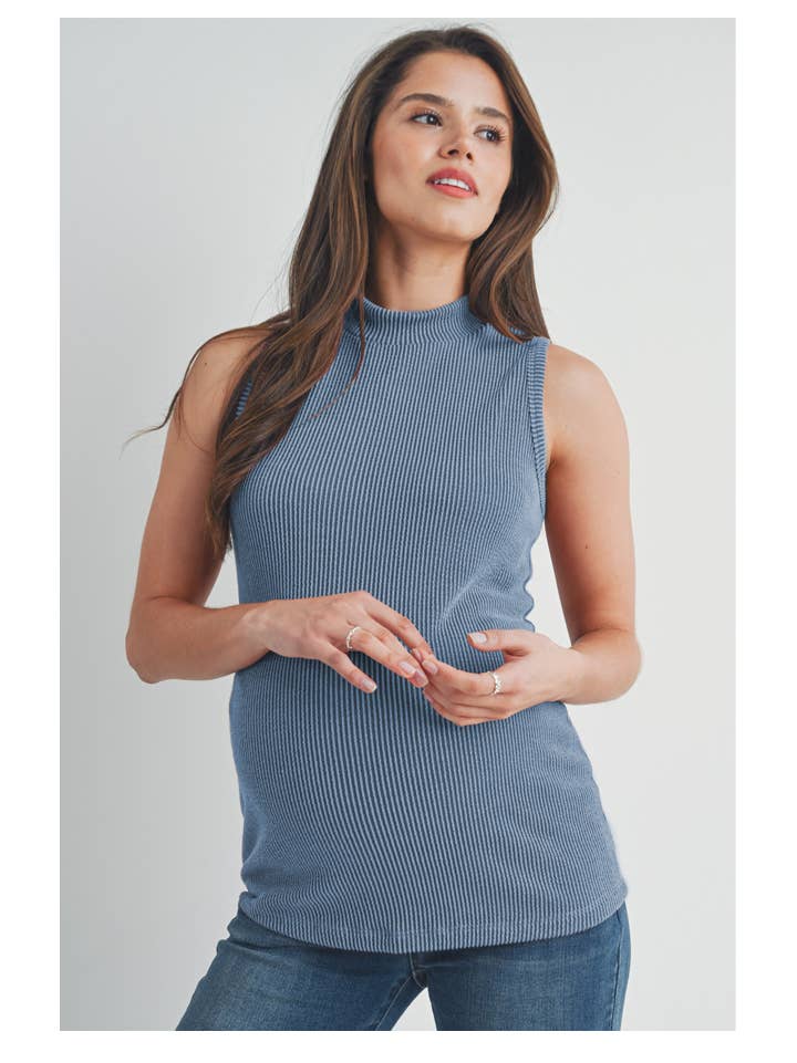 Ribbed Mock Neck Maternity Tank Top in Denim Blue