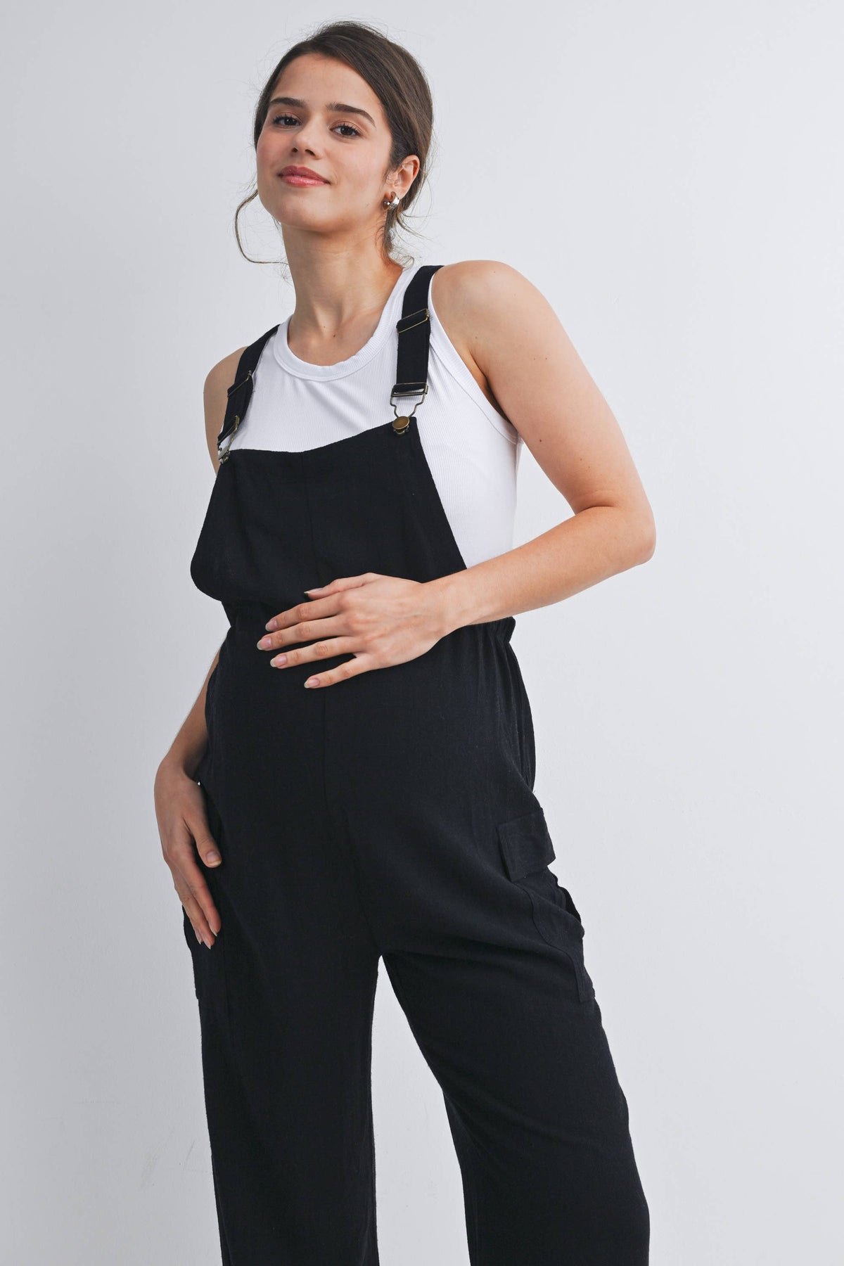 Straight Leg Maternity Adjustable Overalls in Black