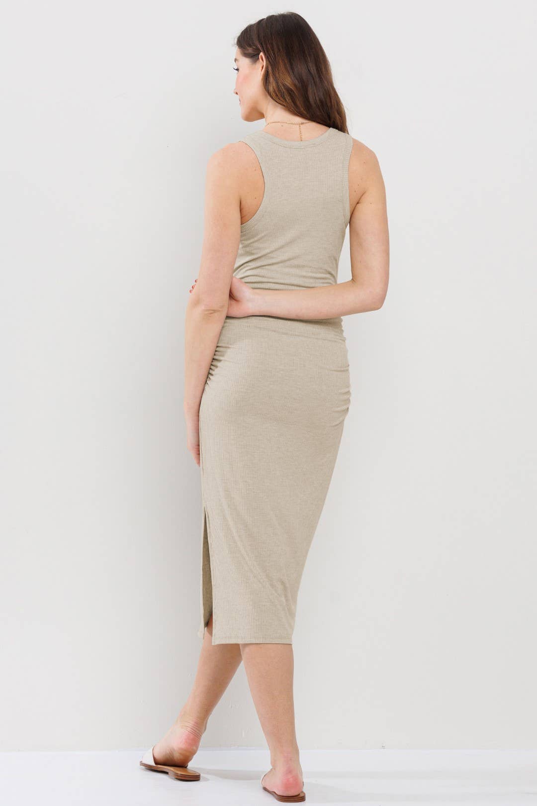 Oatmeal Ribbed Maternity Sleeveless Side-Ruched Midi Dress