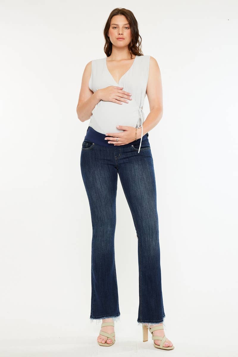 Kan Can Frayed Hem Dark Wash Maternity Bootcut Jean