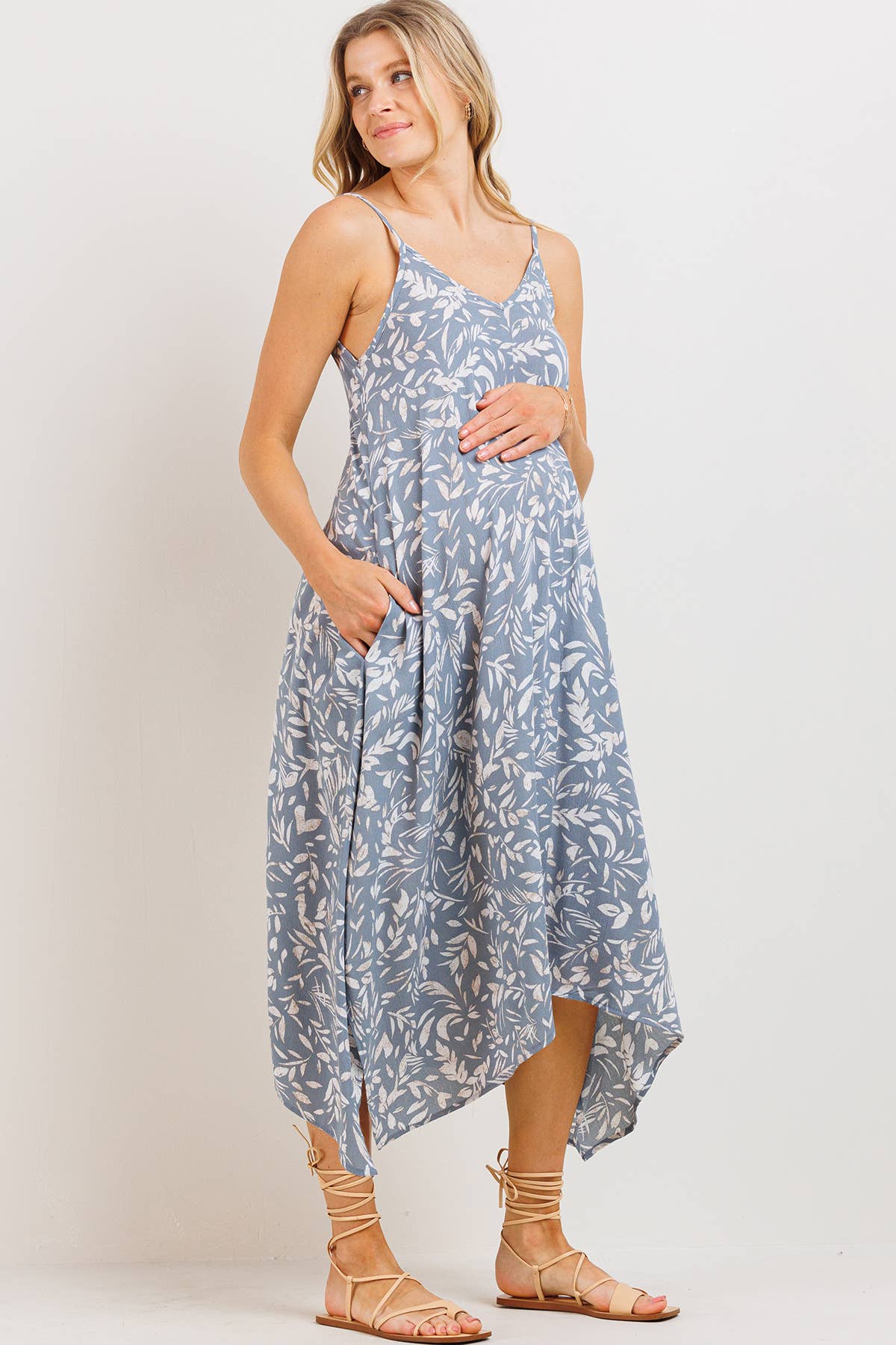 Light Blue Floral Asymmetric Maternity Midi Dress