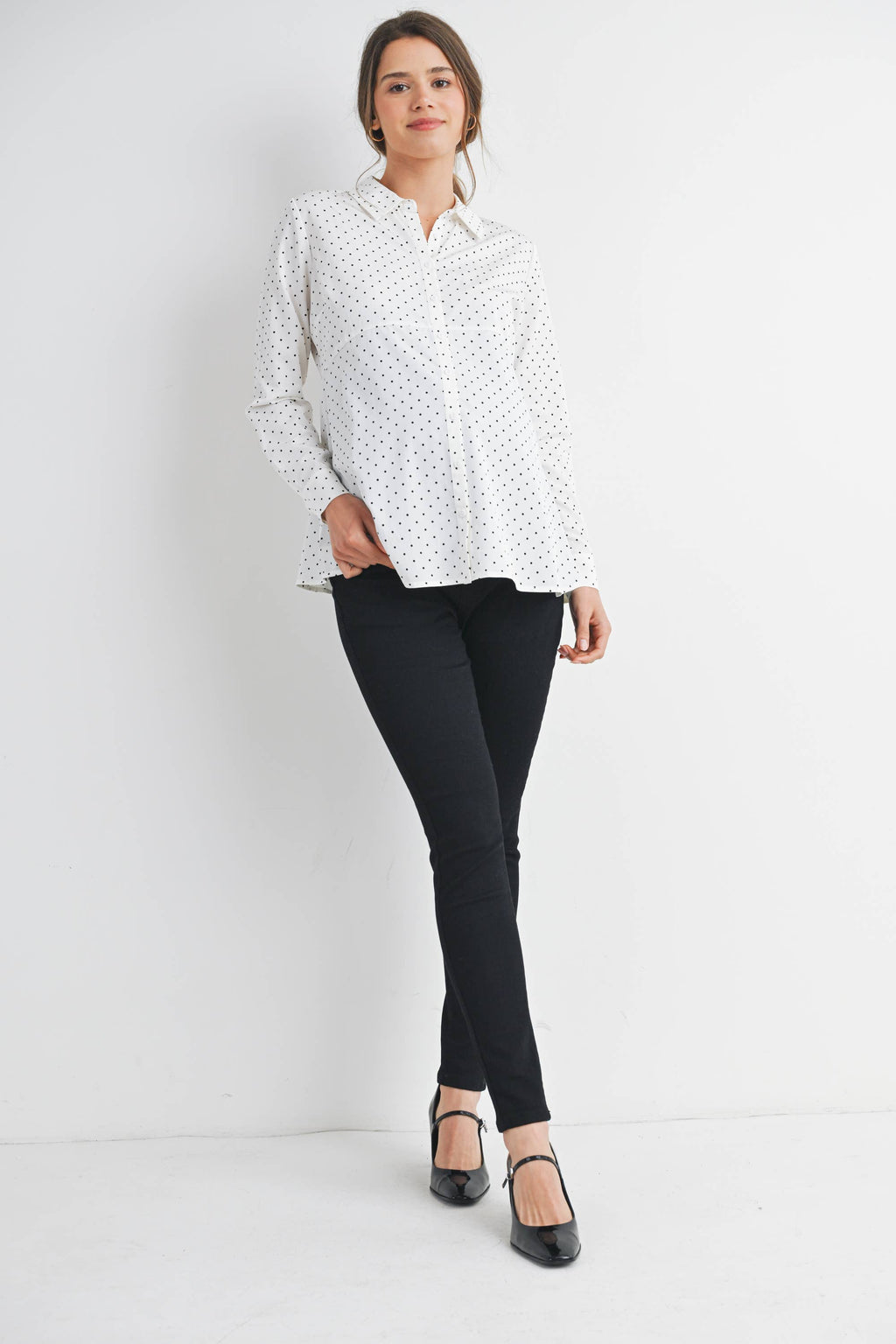 Polka Dot Button Down Long Sleeve Maternity Top