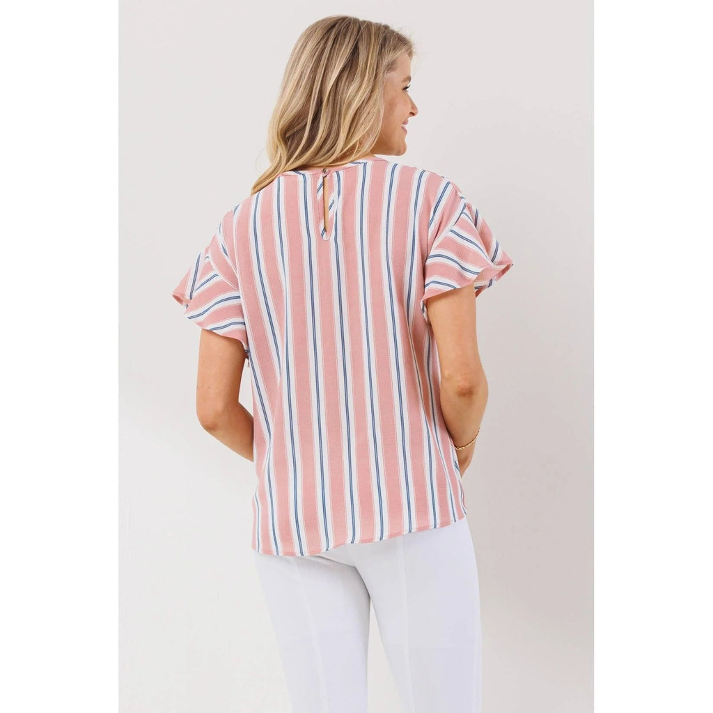 Pink Striped Ruffle Sleeve Round Neck Maternity Blouse
