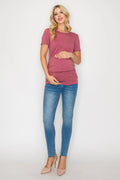 Elisse Casual Short Sleeve Maternity Top W/Side Ruching in Berry